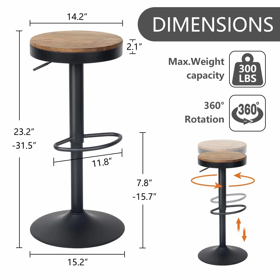 Kidol & Shellder Black Bar Stools Set of 2 Adjustable Swivel Backless Barstools Modern Round Wooden Seat Counter Height Bar Chairs Armless for Kitchen Island, Cafe, Dining Room