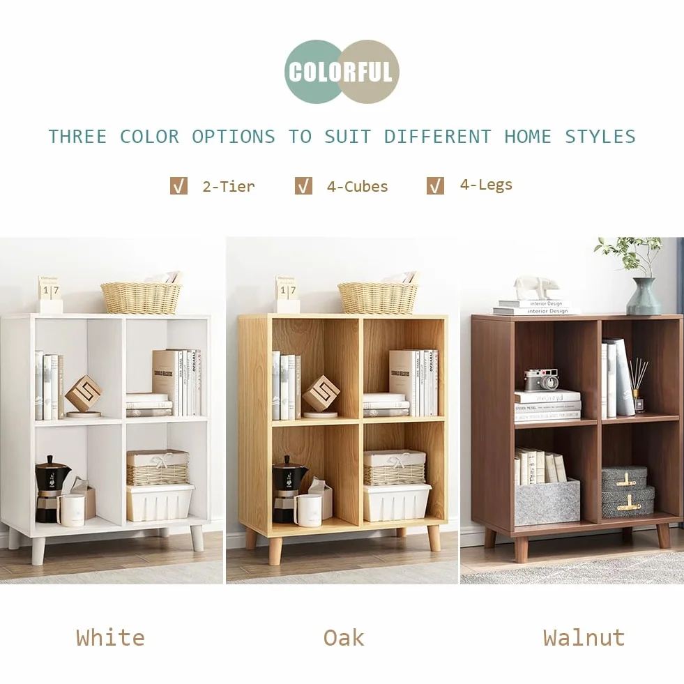 IOTXY Open Cubes Low Bookcase - 2-Tier 4-Cube Short Bookshelf in Walnut | Nordic Minimalist Style, MDF Material, Solid Wood Legs, Deep Storage Cubes, Free Standing Wooden Cabinet Organizer Unit