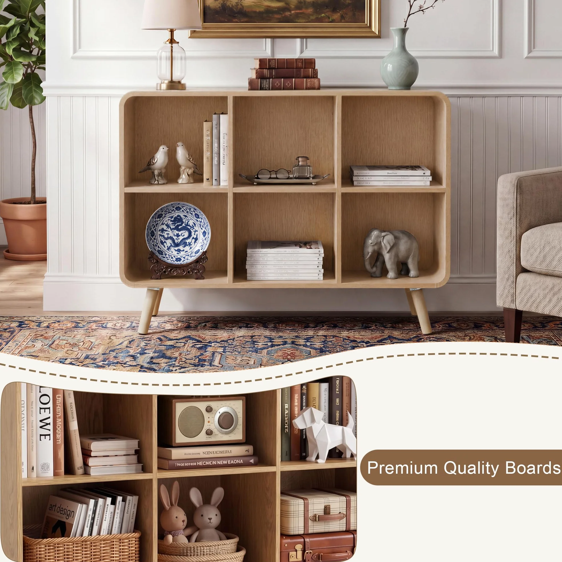 6 Cube Bookshelf - 35.4" Wood Cube Bookcase with Legs, Open Cubby Bookshelves with Curved Profile Design for Bedroom, Living Room,Home Office, Nature