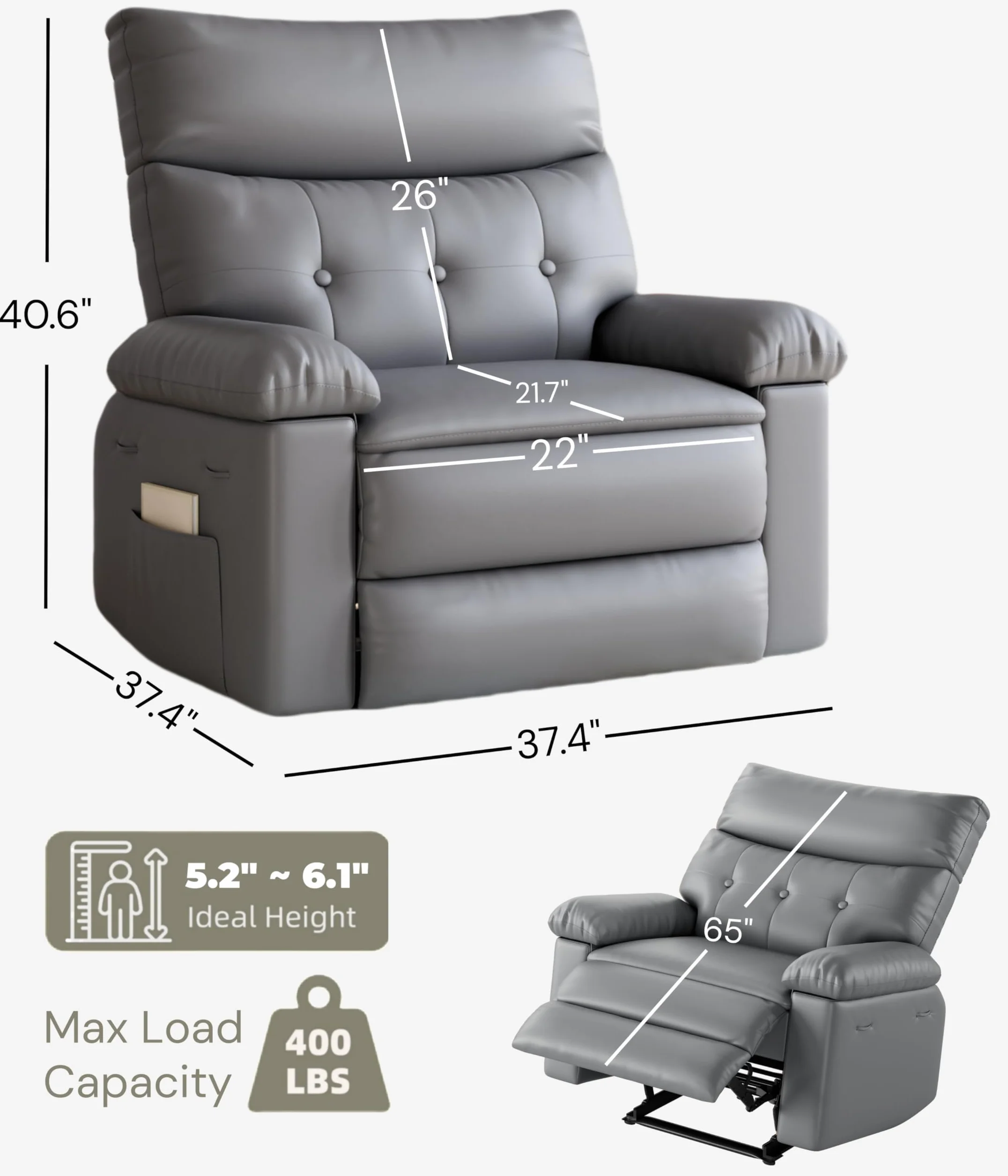 GarveeHome Oversized Recliner Chair - Faux PU Leather Manual Recliner for Adults, Lazy Chair with 1.5X Sponge Comfort Arm and Back for Living Room, Bedroom