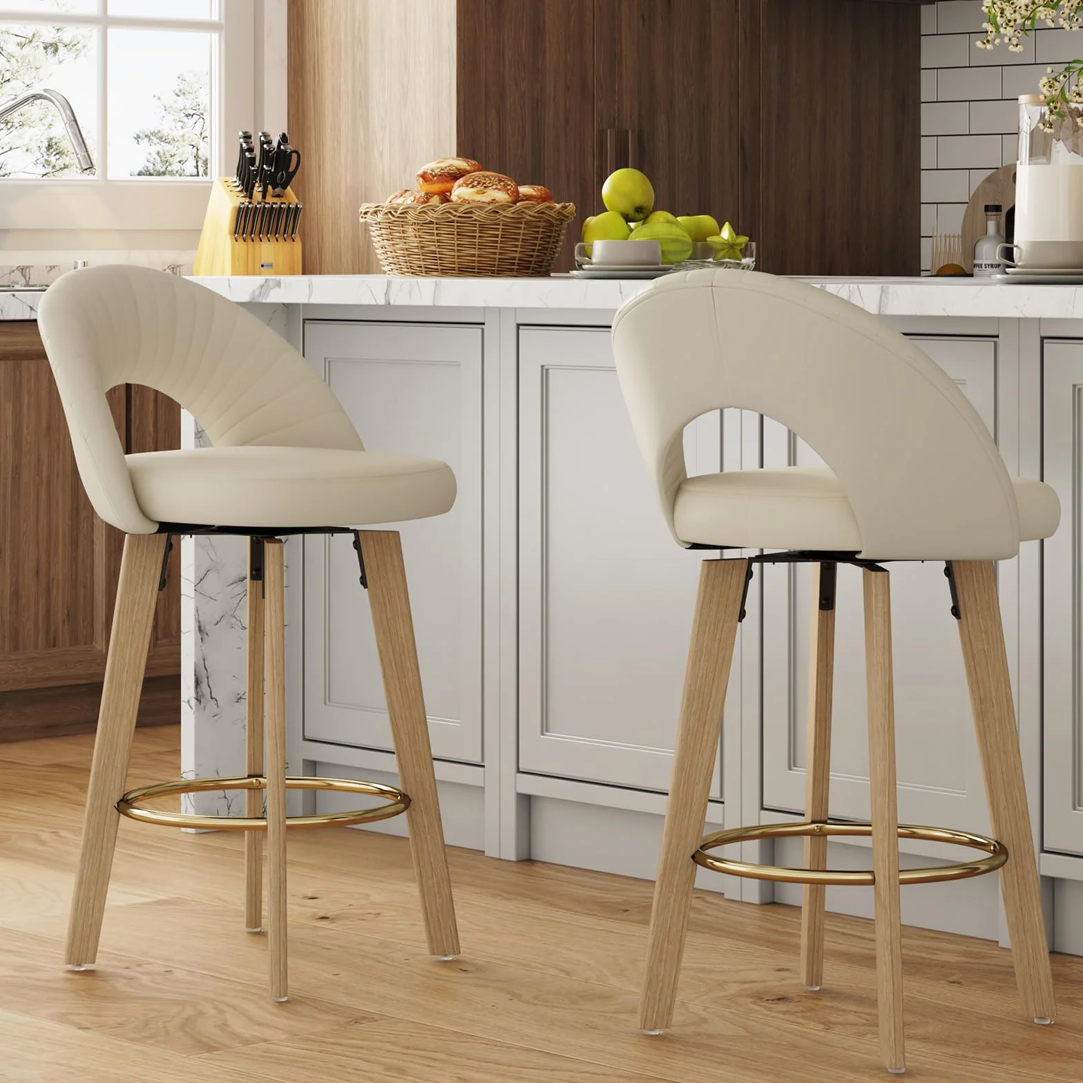 Bar Stools Set of 2, Swivel Counter Height Bar Stools with Bentwood Legs,Metal Footrest,Mid Century Modern Faux Leather Upholstered Counter Stools for Kitchen Island, Bar, Restaurant-Beige