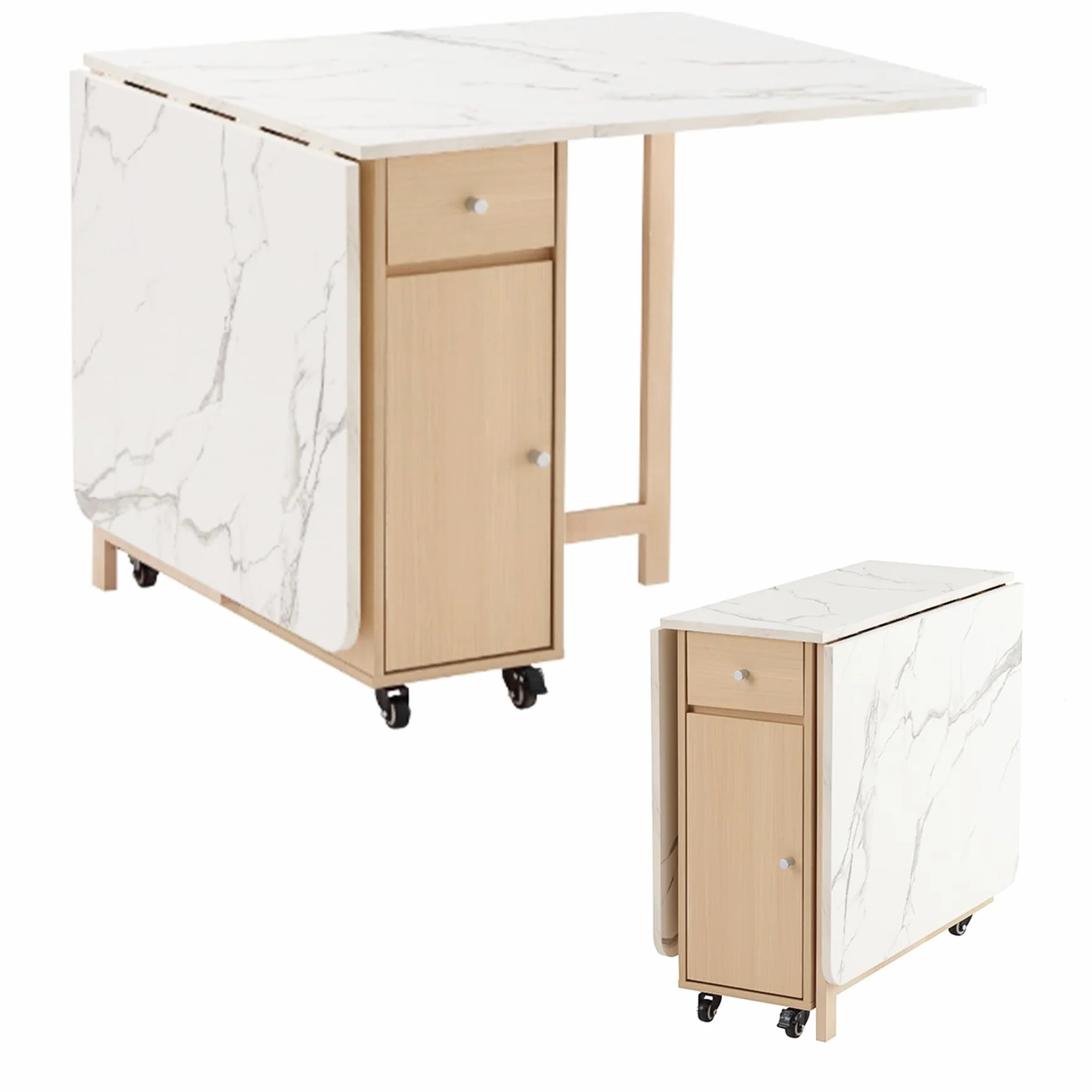 Drop Leaf Table Extendable, Foldable Kitchen Table Space Saving, Folding Dining Table with 2 Drawers and 4 Wheels, Dining Table for Living Room, Farmhouse， RV(Marble Wood)