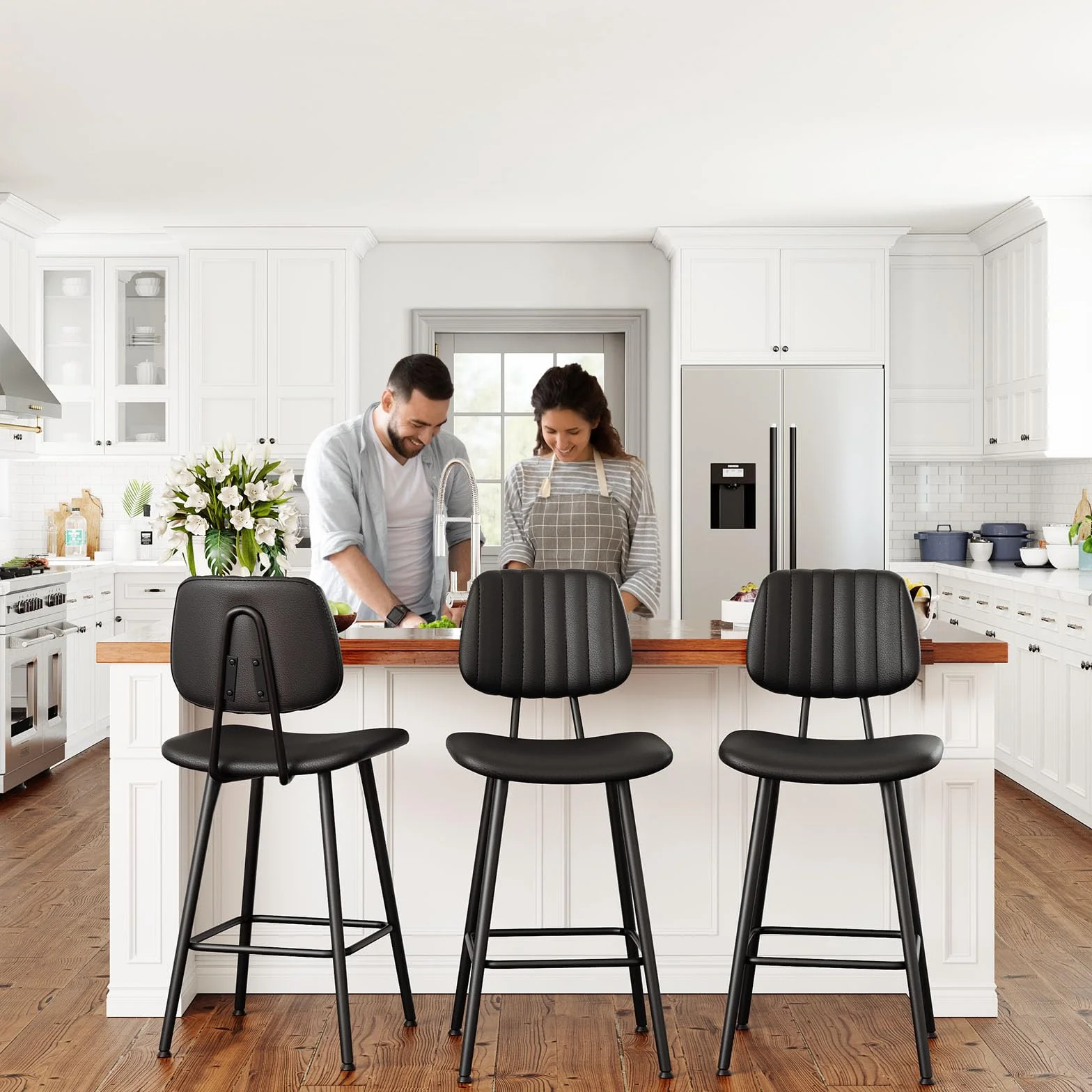 Raynesys 24-Inch Leather Bar Stools Set of 2 with High Backrest, Black | Faux Leather, Counter Height Barstools, Heavy Duty Metal Legs, With Footrest, For Kitchen Island
