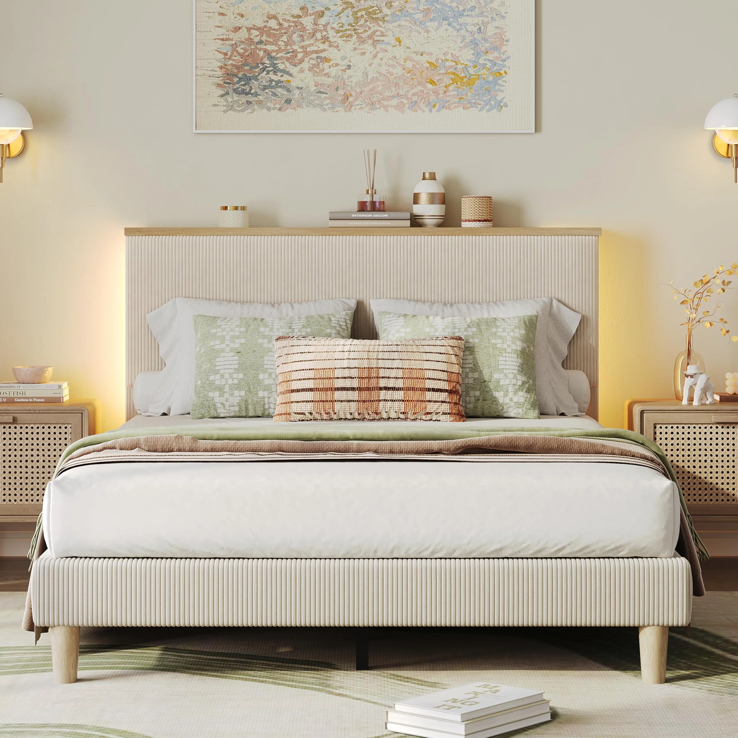 Bestier Queen Bed Frame with Storage Headboard & LED, Upholstered, Beige | Corduroy, Upholstered Platform, Storage Headboard Shelf, RGB LED Remote, Wood Slats, No Box Spring, Anti-Squeak, Easy Setup