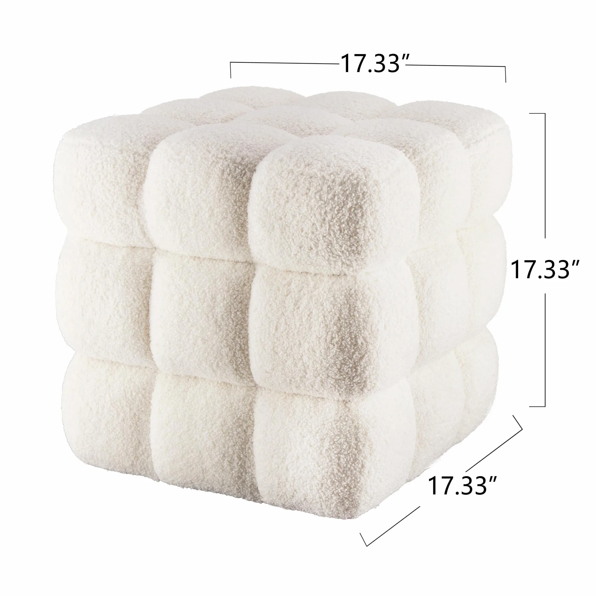 White Sherpa Square Ottoman - 17.3" Large Boucle Cube Pouf with Sturdy Wood Frame, 330lbs Capacity Modern Fuzzy Vanity Stool & Footrest for Living Room, Bedroom - Fully Assembled