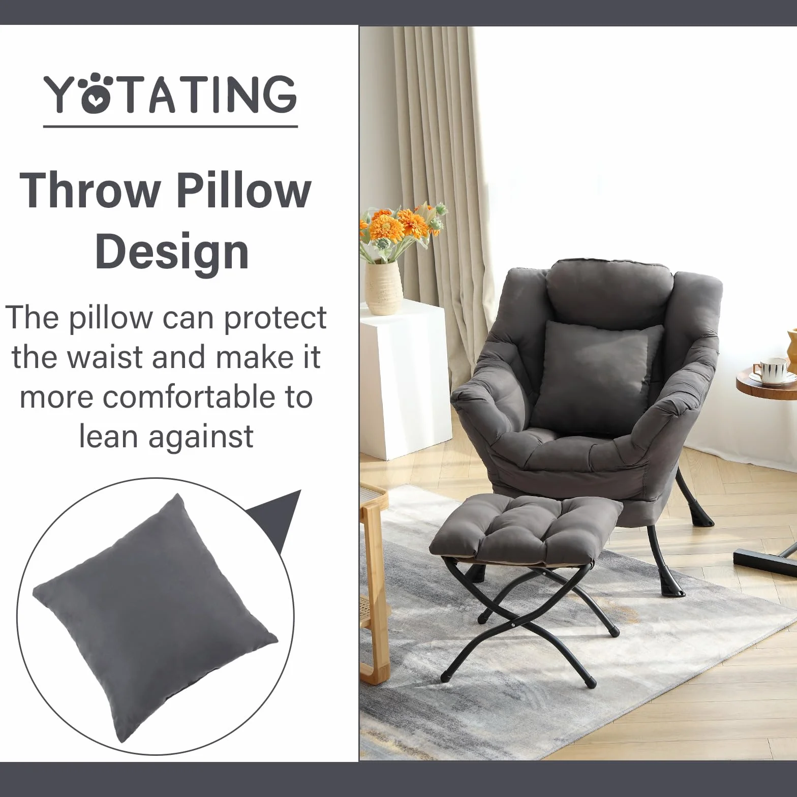 Lazy Chair with Ottoman, Comfy Reading Lounge Chair with Footstool & Throw Pillow Modern with Armrests & Side Pocket for Living Room, Bedroom, Dorm Room, Dark Grey