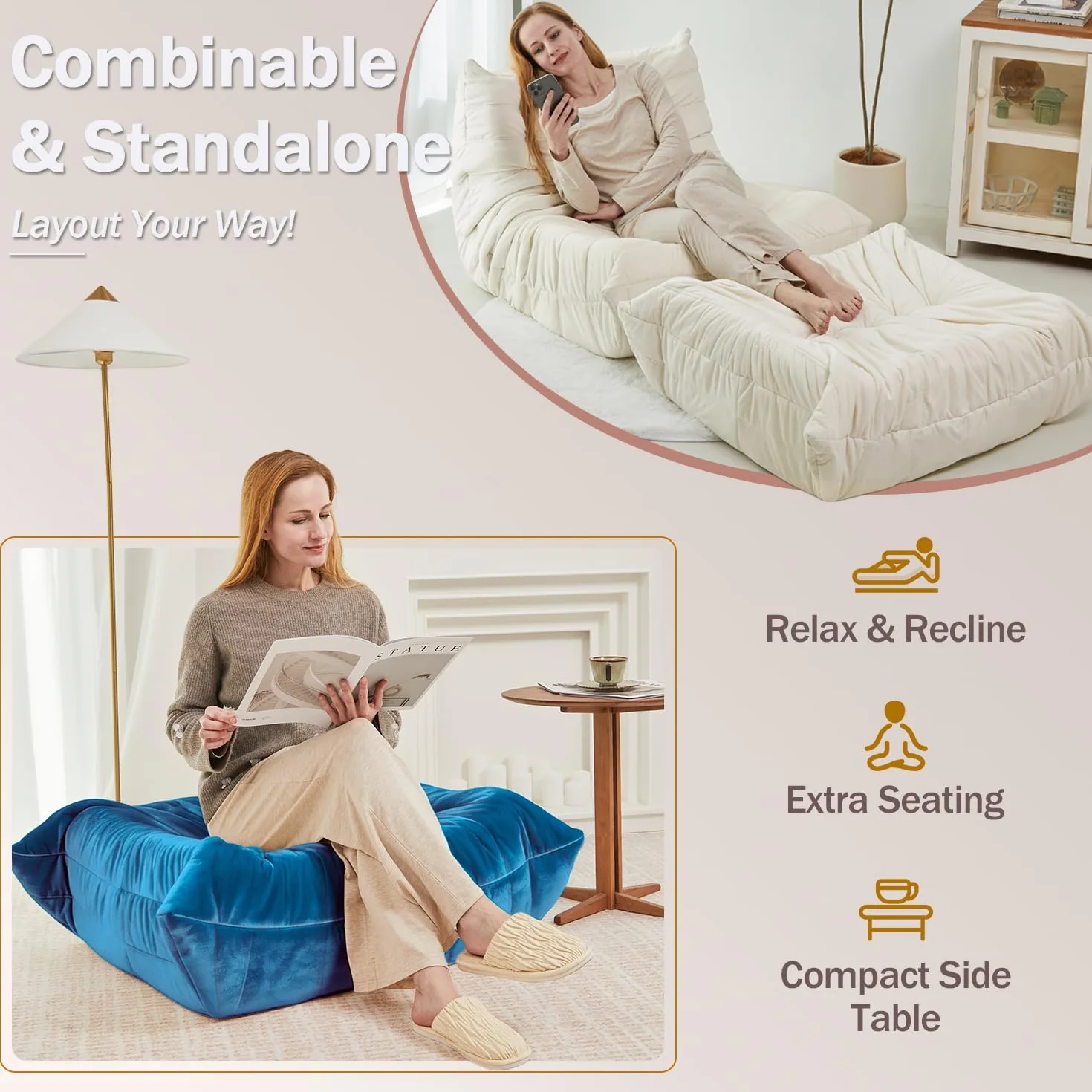 Trenda Extra Large Velvet Ottoman, 29.5 x 27.5 in Footrest, Beige | Togo chair with dual-layer foam, providing body-contouring support for reading, gaming, reclining and everyday lounging