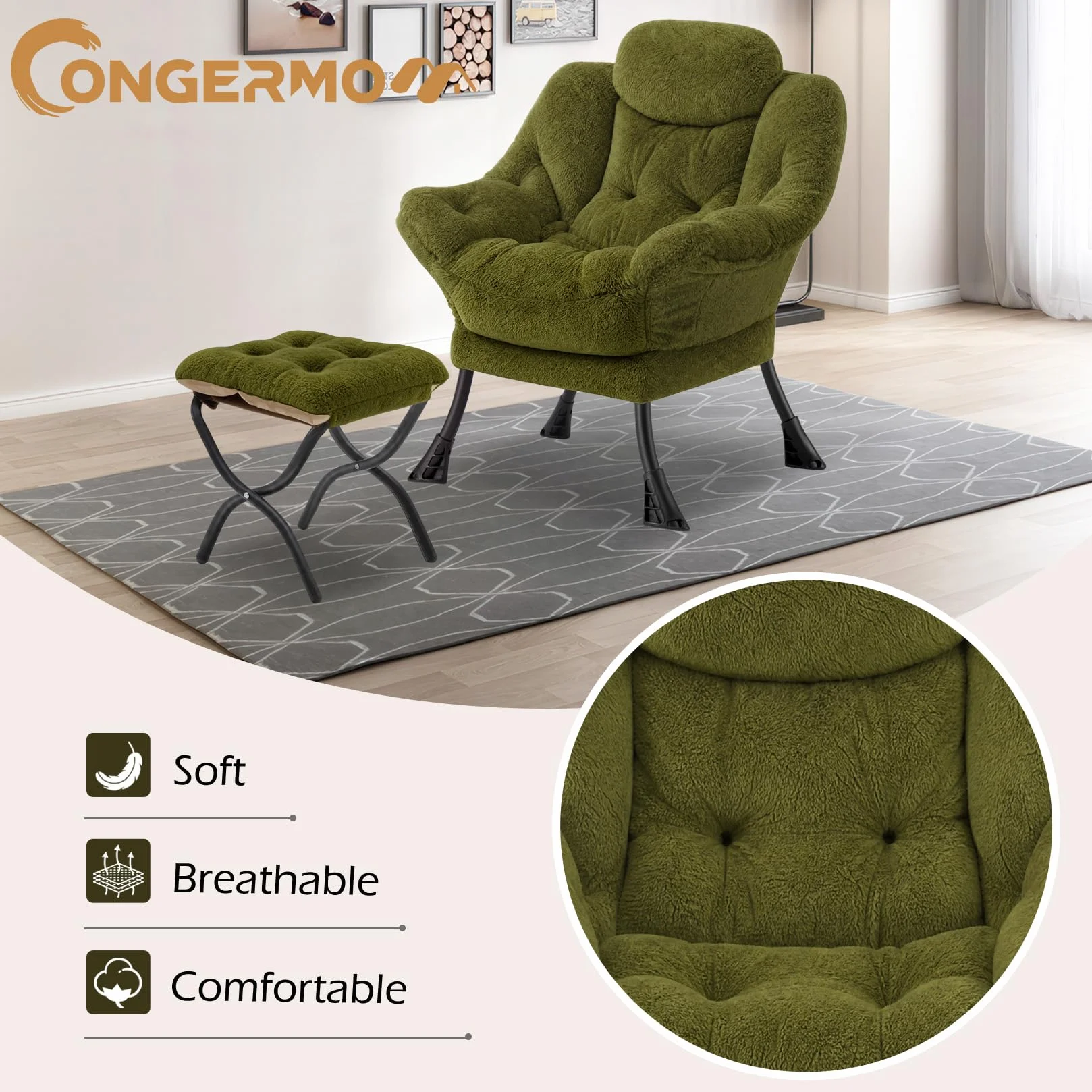 Lazy Chair with Folding Ottoman,Leisure Sofa Chair,Soft Fabric Armchair with Armrests and Side Pockets, Reading Chair with Footrest for Living Room, Bedroom, Office (Plush Green)