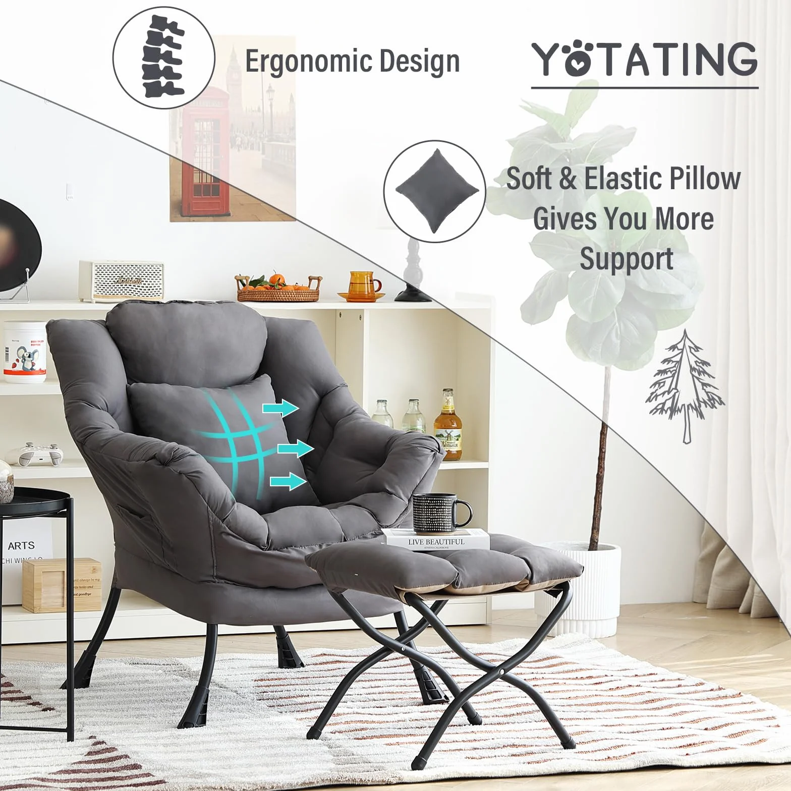 Lazy Chair with Ottoman, Comfy Reading Lounge Chair with Footstool & Throw Pillow Modern with Armrests & Side Pocket for Living Room, Bedroom, Dorm Room, Dark Grey