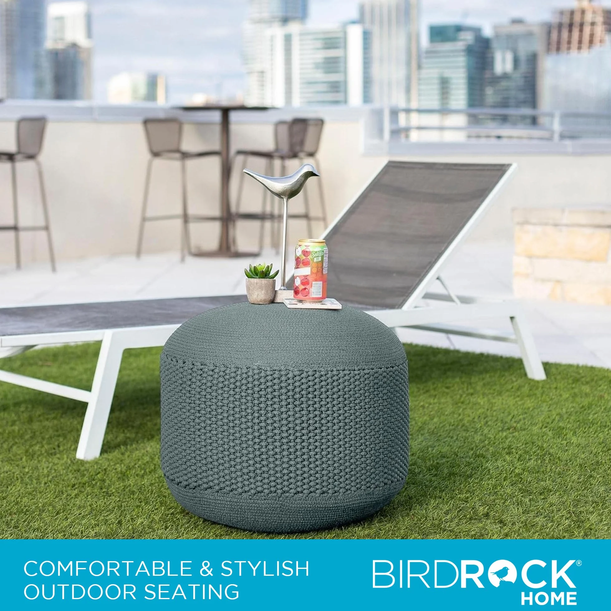 BIRDROCK HOME Outdoor Pouf Ottoman - Mist - Woven Indoor or Backyard Patio Use - Floor Footstool for Living Room- Knit Bean Bag - Oversized Padded Chair - Moroccan Foot Rest