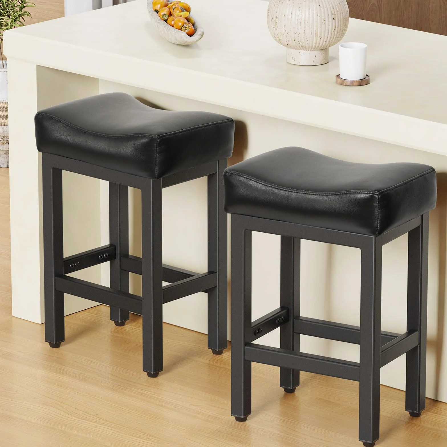 Raynesys 24 Inche Bonded Leather Counter Height Bar Stools Set of 2 Square | Barstools with Thick Bonded Leather Saddle Seats & Heavy Duty Metal Base for Kitchen Counter, Easy Assembly, All Black