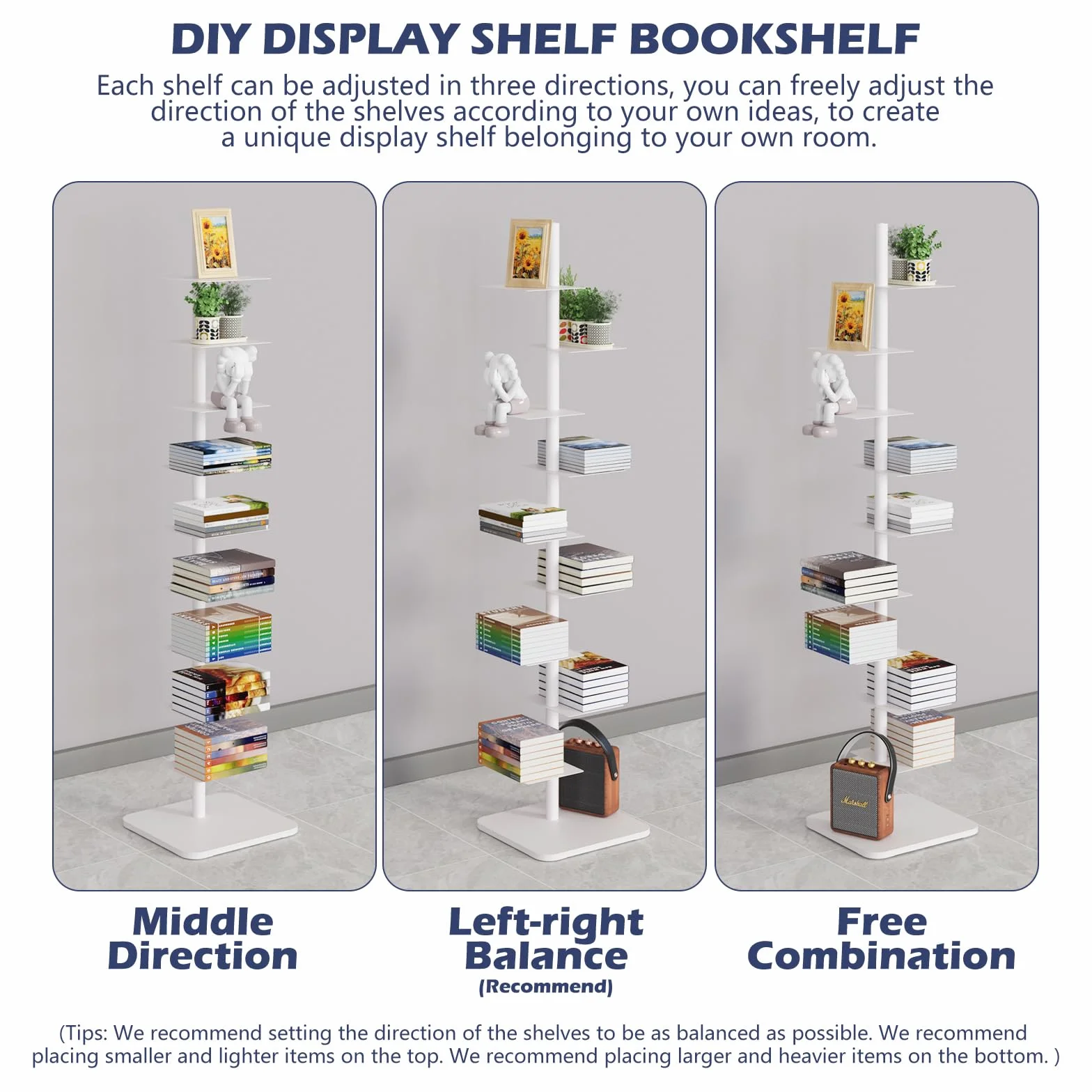 Choowin 9-Shelf Metal Spine Bookshelf Vertical Bookshelf, Adjustable Modern Floating Narrow Tree Book Shelf Book Tower, Display Shelf for Bedroom Living Room Office, 70 inch Tall, White