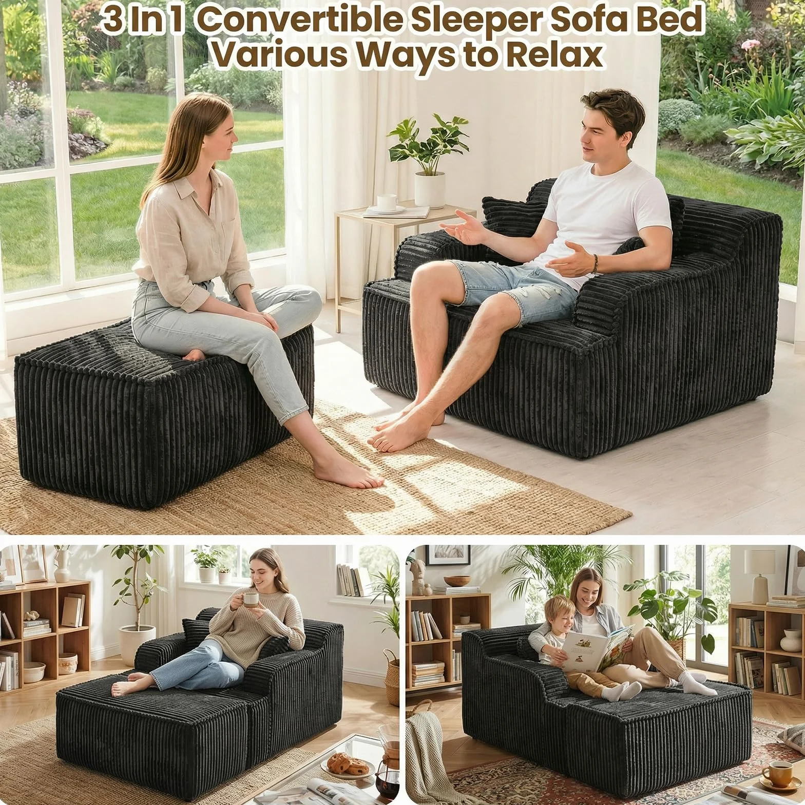 Chaise Lounge Chair Indoor,Boneless Chair with Ottoman,Comfy Reading Chair for Adults,Small Sofa Bed Couch for Living Room,Single Sleeper Chair Bed,Black