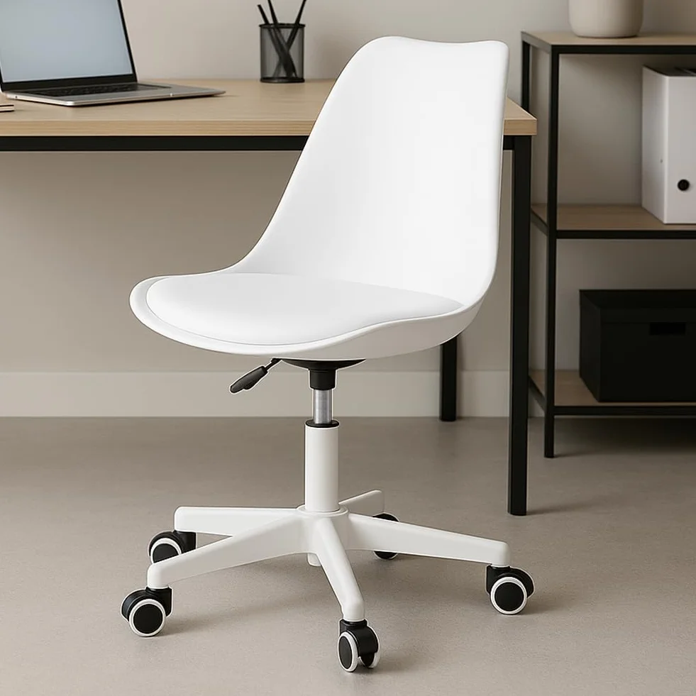 BAKAJI Modern Design Ergonomic Office Chair with Adjustable Height and High Density Padded Cushion, Swivel Seat with Swivel Wheels, Ideal for Home, Study (White)