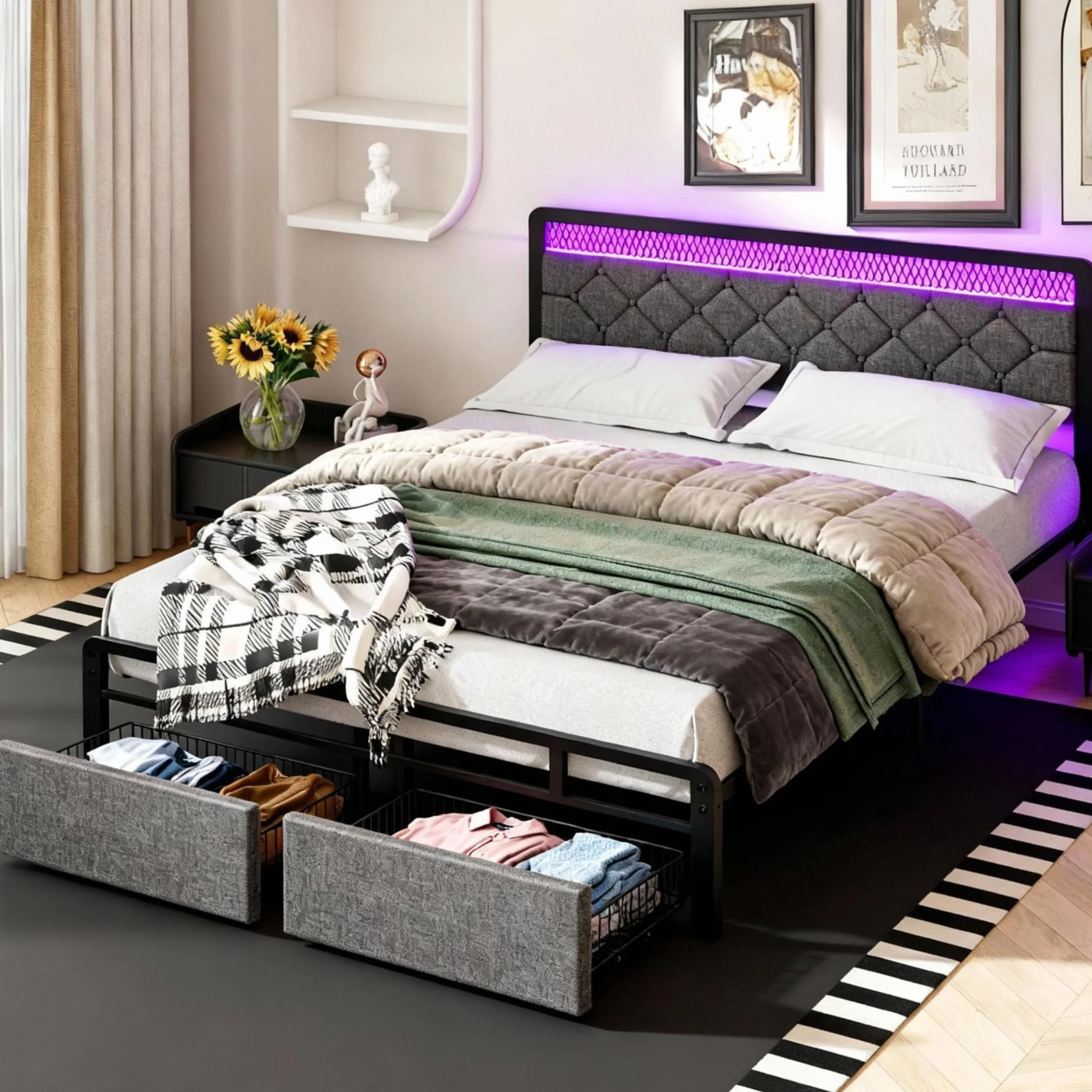 Queen Size Bed Frame with 2 Drawers, Upholstered Platform Bed Frame Queen with Led Light, Metal Platform Bed, Easy Assembly, No Box Spring Needed, Grey