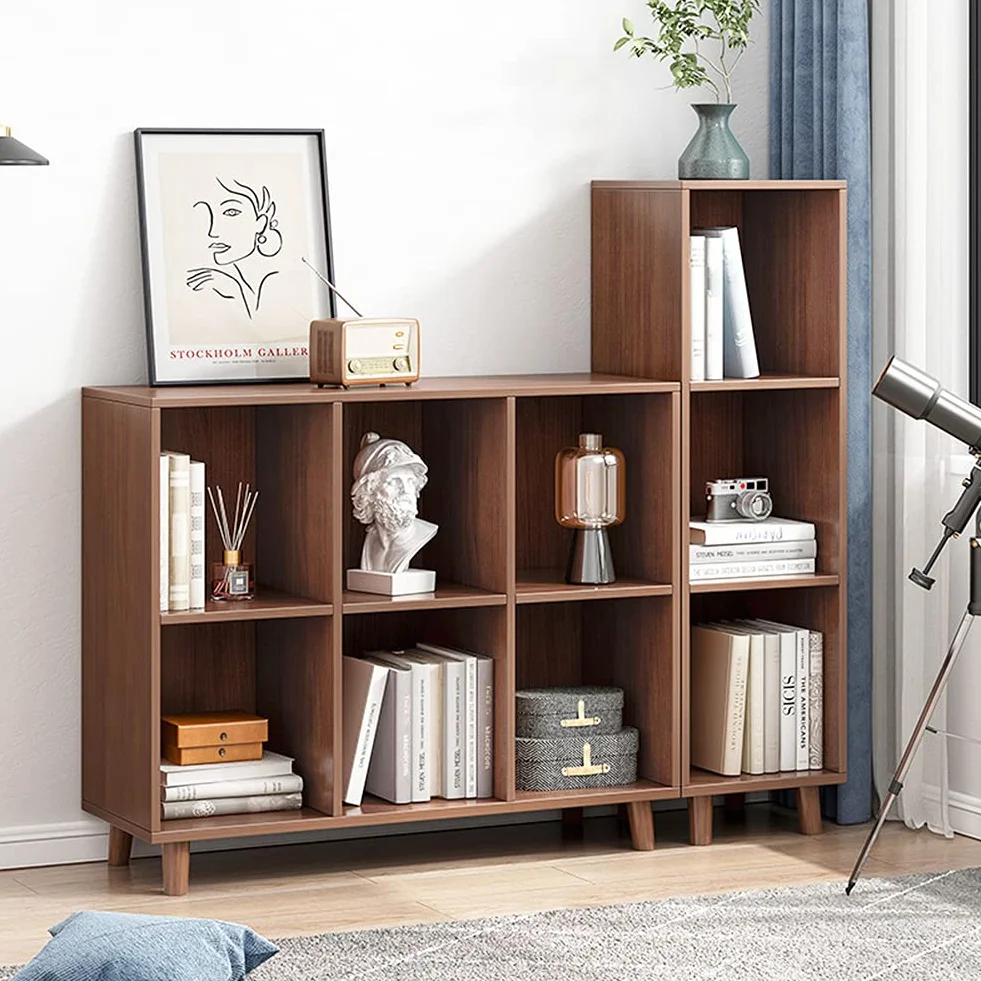 IOTXY Open Cubes Low Bookcase - 2-Tier 4-Cube Short Bookshelf in Walnut | Nordic Minimalist Style, MDF Material, Solid Wood Legs, Deep Storage Cubes, Free Standing Wooden Cabinet Organizer Unit