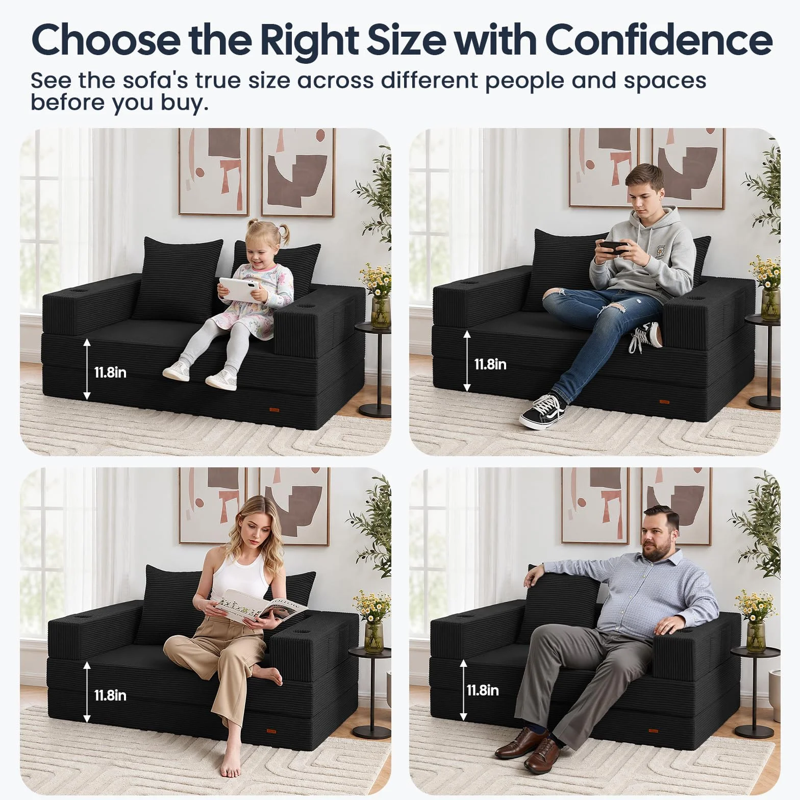COMAX Futon Sofa Bed, Convertible Sofa Bed, Folding Boneless Couches | Low-Profile Boneless Couch for Living Room, 11.8" H Low Seat Small 59" Foldable Floor Sleeper Mattress Lounge Space‑Saving