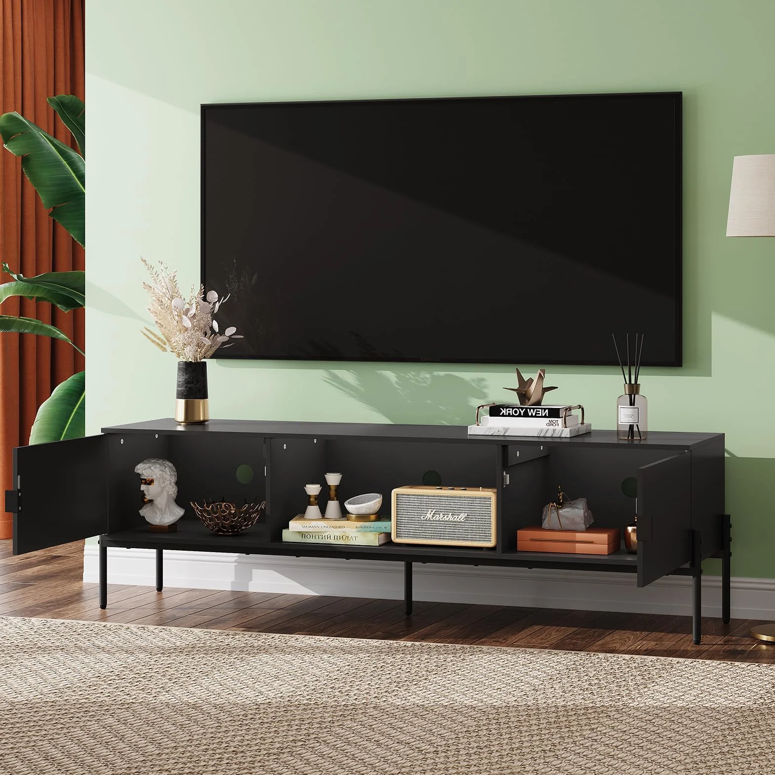WLIVE 58" TV Stand for 65 Inch TVs, Mid Century Modern Entertainment Center with 2 Storage Cabinets & Open Shelf, Media Console Table with Metal Legs for Living Room, Bedroom, Black