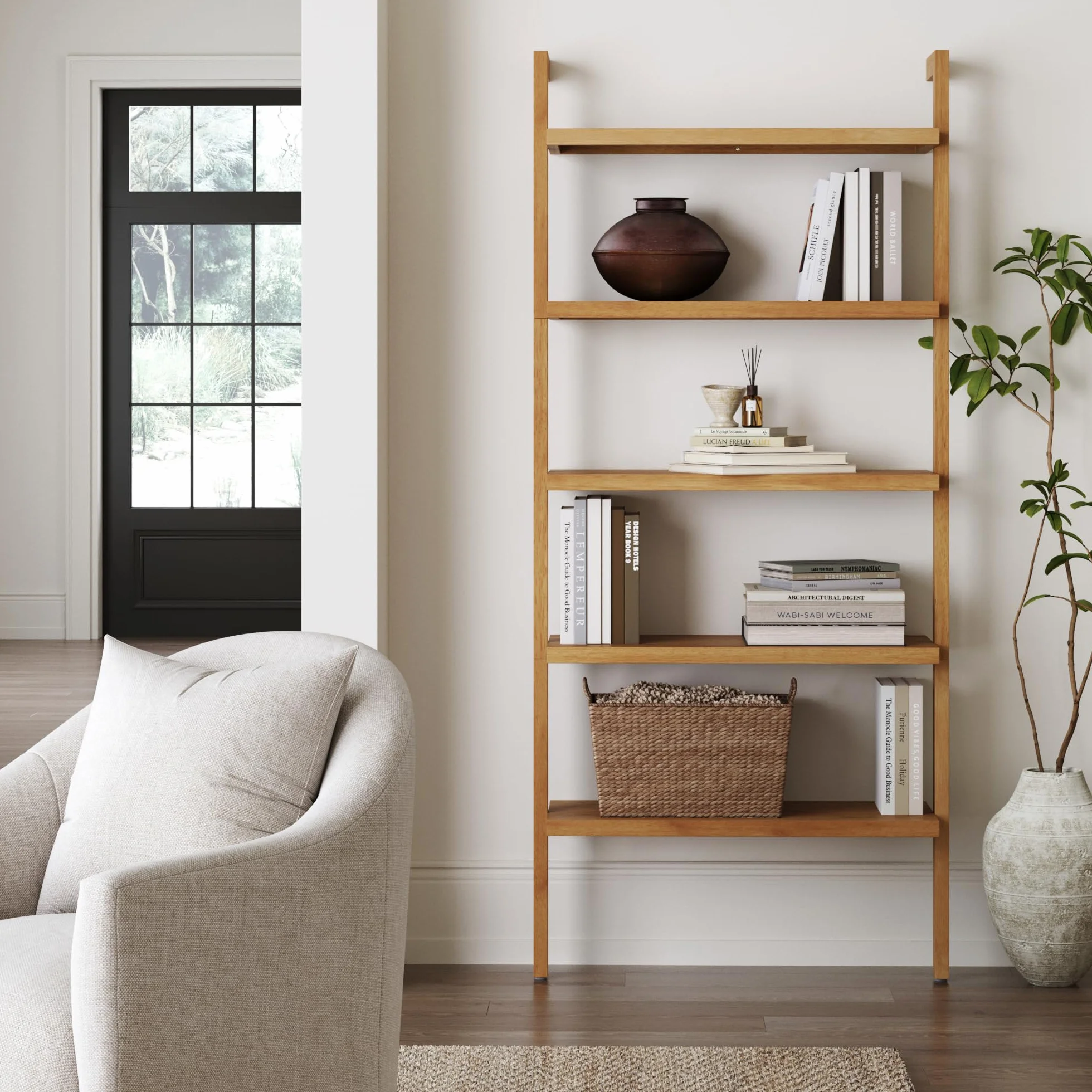 Nathan James Beacon Bohemian 5 Tier Bookshelf, Wall Mounted Bookcase, Solid Wood Bookshelf in Warm Pine