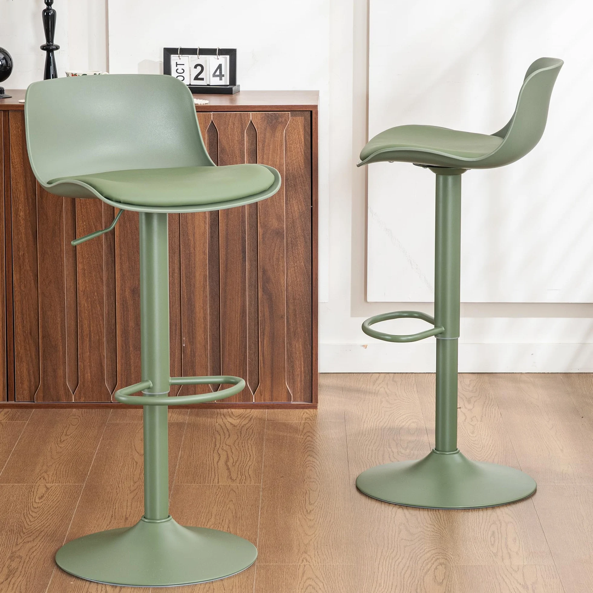 Kidol & Shellder Adjustable Swivel Bar Stools Set of 2 Olive Green | Modern PU Leather barstools, Counter Height Stools with Back, Metal Base for Kitchen Island Home Bar, Green Bar Stool