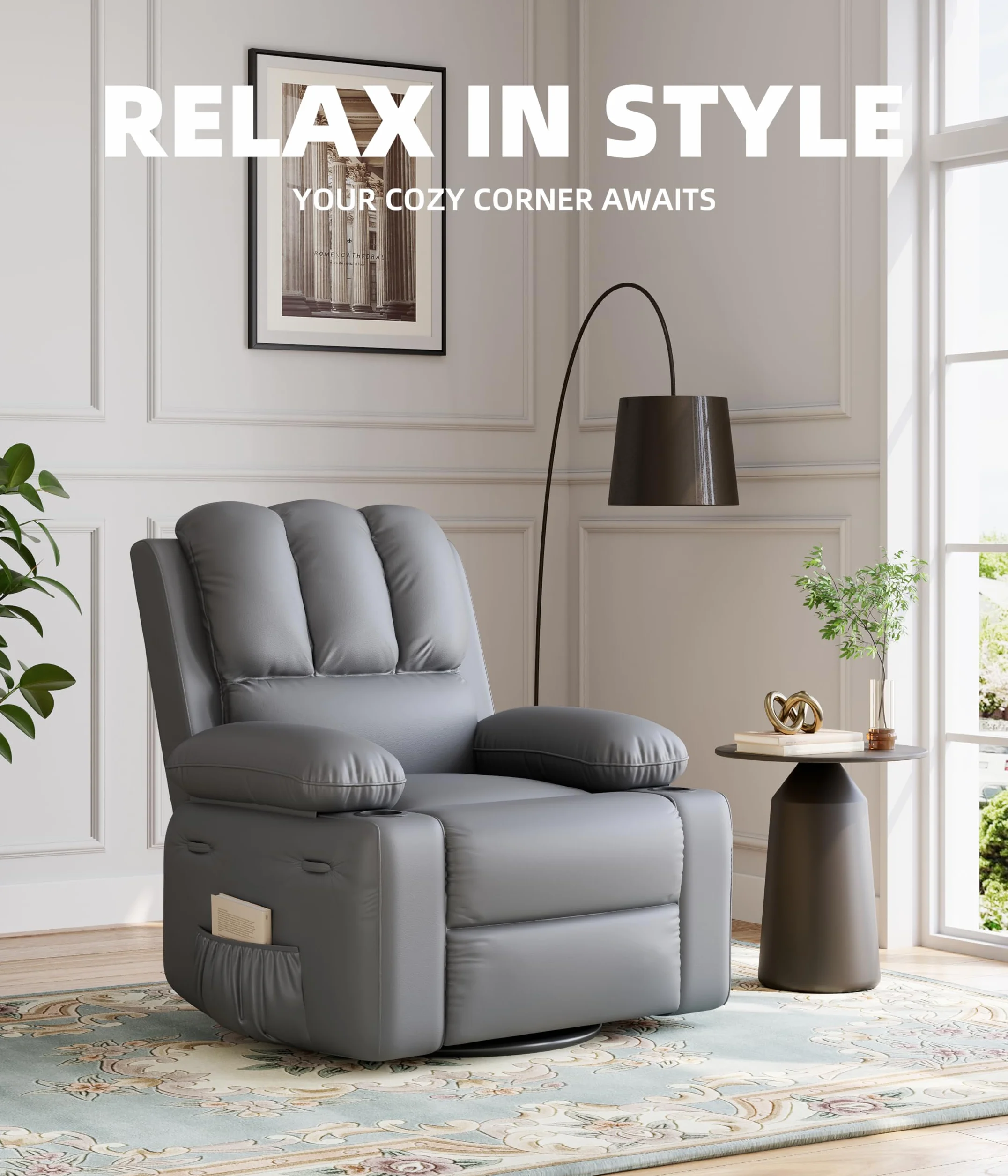 GarveeHome Oversized Recliner Chairs with Heat and Massage - 360° Swivel Lazy Recliner Chair for Adults- Manual Recliner Chair with Cup Holder for Living Rooms, Bedrooms and Nurseries - Grey