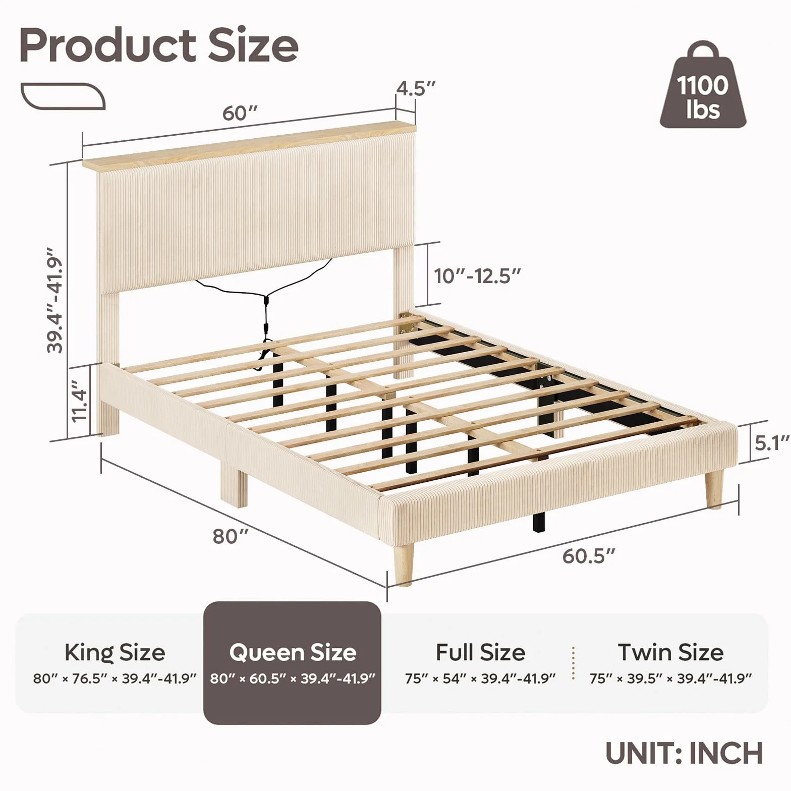 Bestier Queen Bed Frame with Storage Headboard & LED, Upholstered, Beige | Corduroy, Upholstered Platform, Storage Headboard Shelf, RGB LED Remote, Wood Slats, No Box Spring, Anti-Squeak, Easy Setup