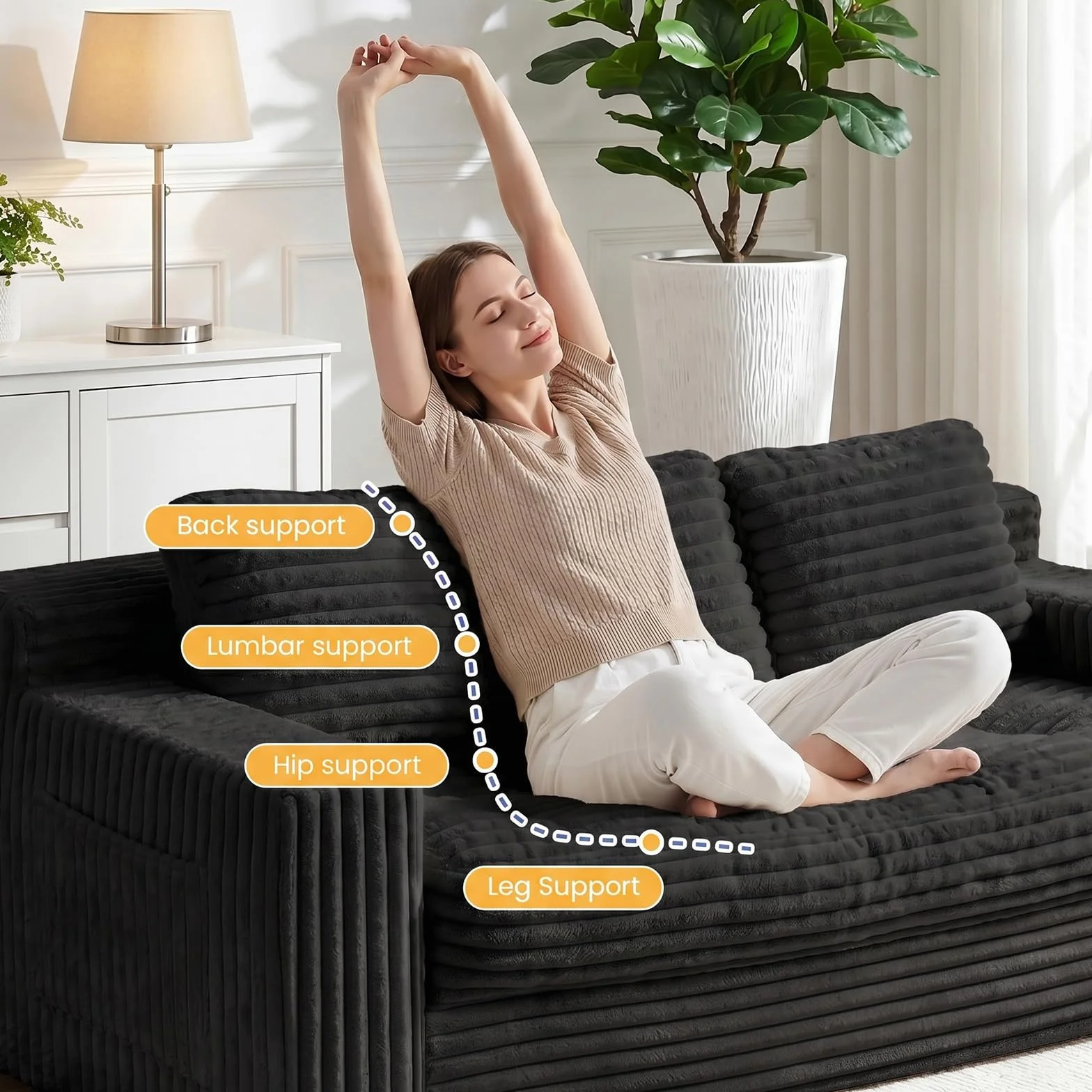 Boneless Couch, Cloud Loveseat Sofa Corduroy Couch in a Box, Upholstered Boneless 3 Seater Couch for Living Room Bedroom Office Apartment, No Assembly Required, Black