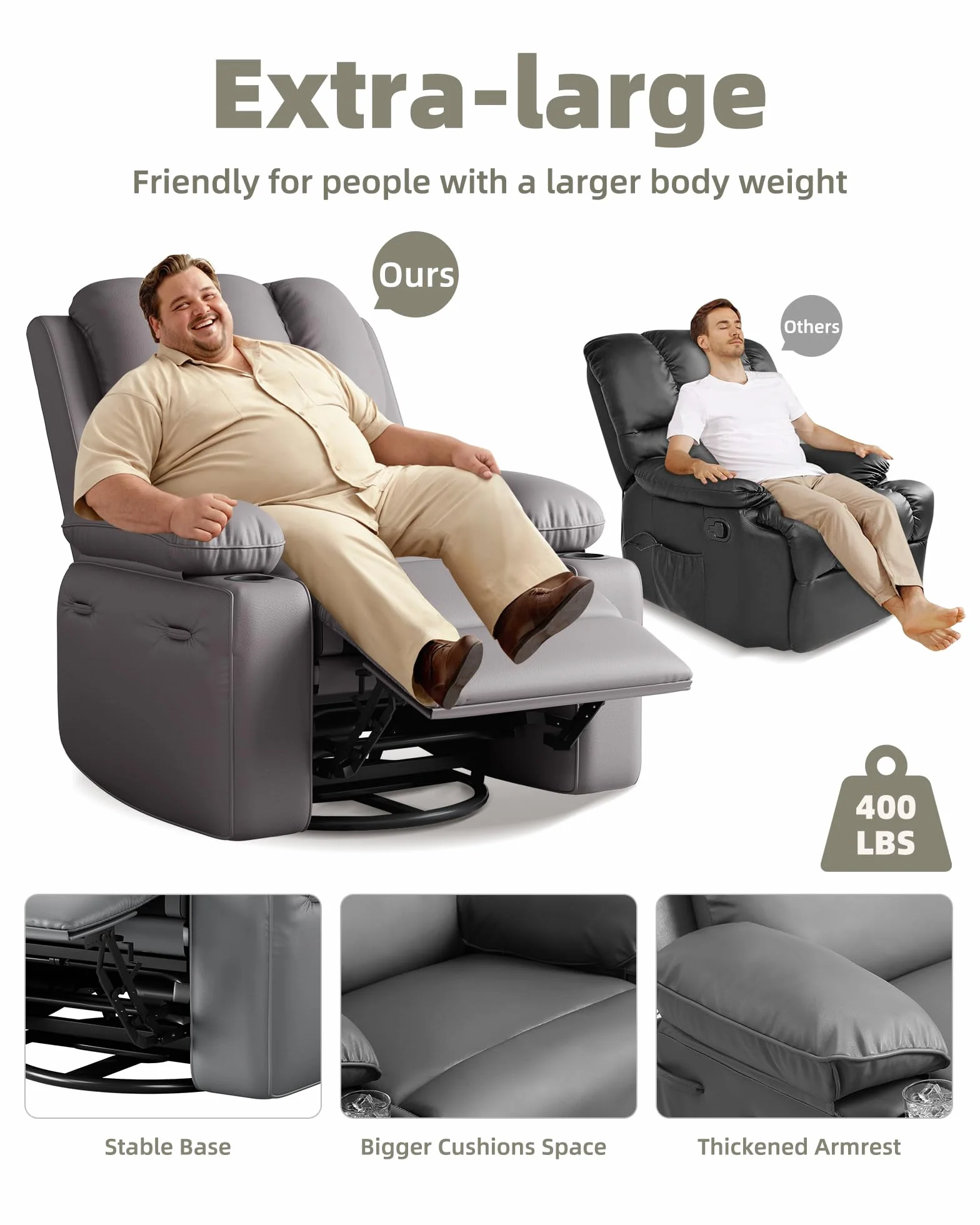 GarveeHome Oversized Recliner Chairs with 1.5X Sponge Filling, 360° Swivel Lazy Recliner Chair for Adults, Manual Rocking Chair with Cup Holder for Living Rooms, Bedrooms, and Nurseries