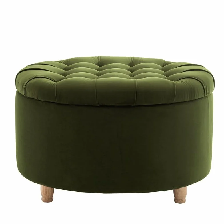 Niche Knight 28-Inch Large Round Pintucked Storage Ottoman with Lift-Off Lid, Tufted Upholstered Accent Footrest for Living Room, Bedroom, Entryway, Hidden Storage – Emerald Green