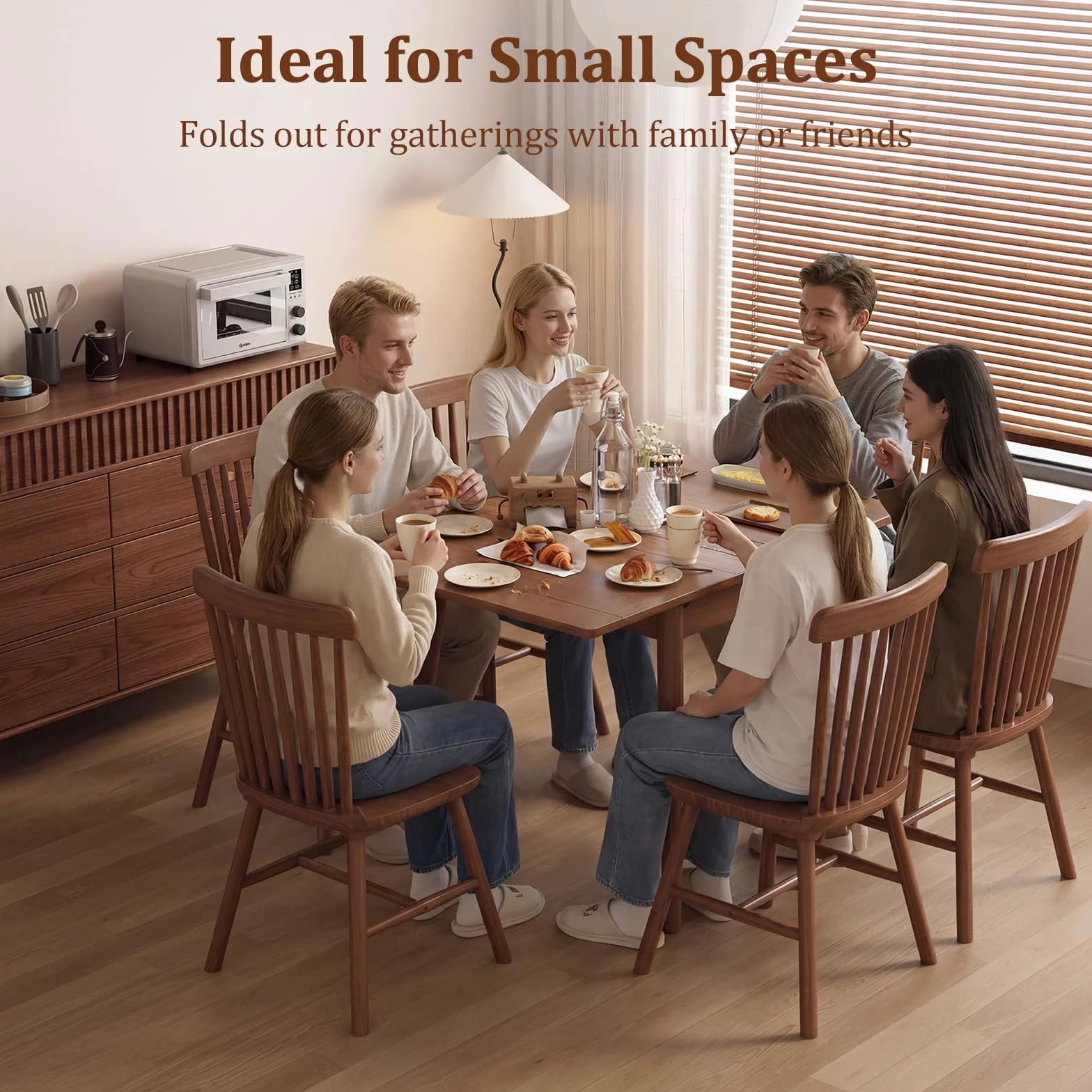 Solid Wood Small Dining Table for 2-6, 23.6"L-47.2"L Expandable Kitchen Table, Designed for Small Spaces, Easy Assembly, Suitable for Kitchen, Dining Room, Living Room, Apartment (Walnut)