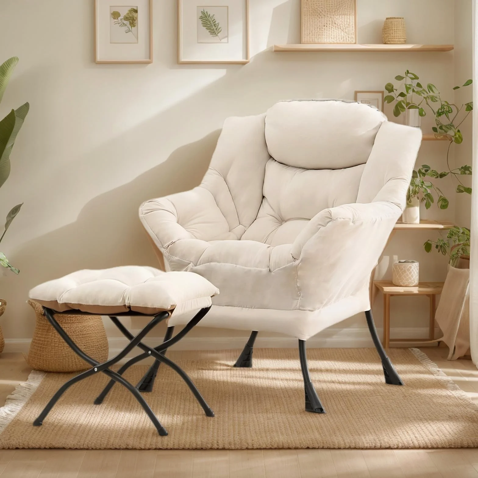 Lazy Chair with Ottoman, Soft Comfy Chair for Bedroom, Beige | Reading Accent Lounge Chair with folding Foot Stool for Living Room Dorm Apartment, sturdy metal frame