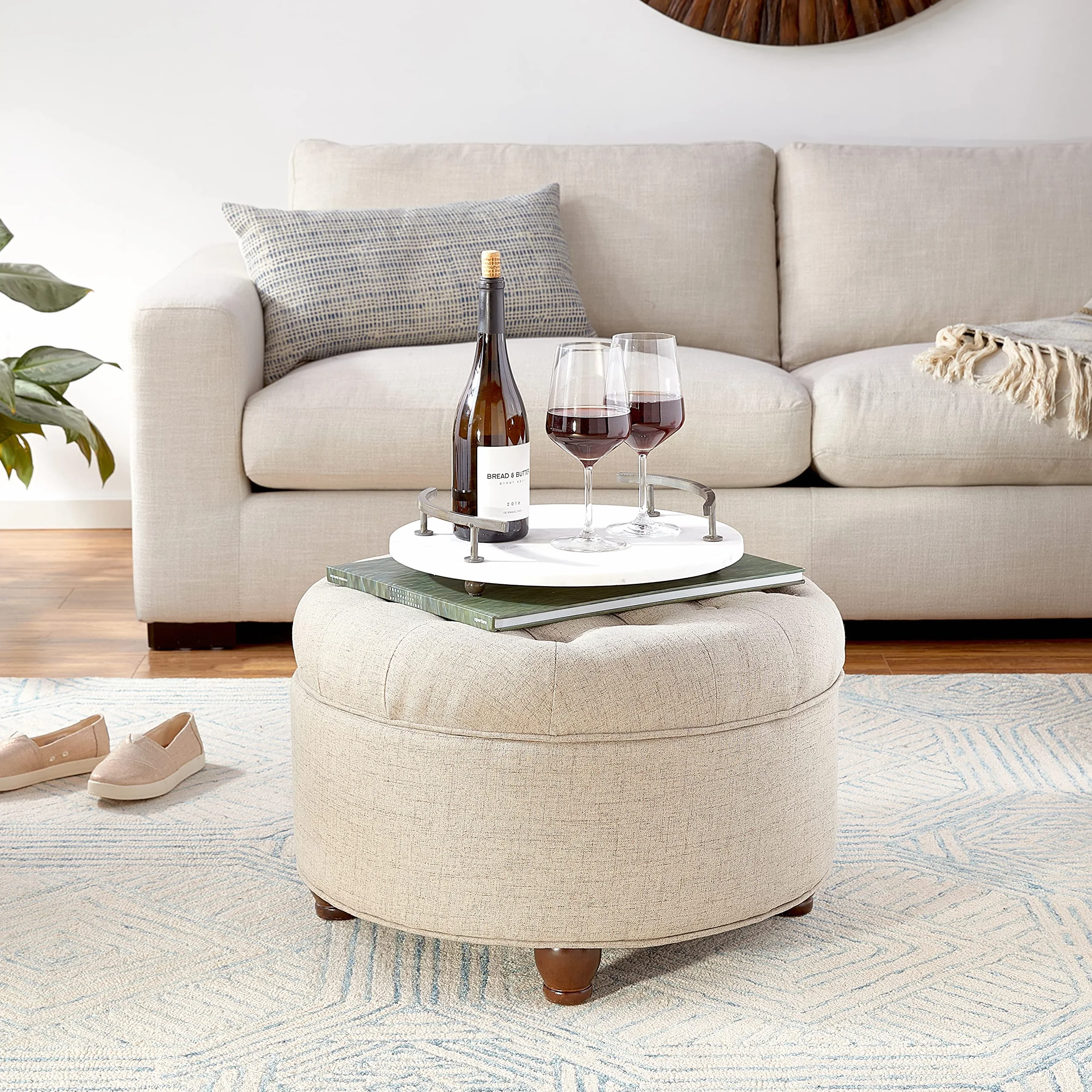 Homepop Home Decor Button Tufted Woven Round Storage Ottoman Large