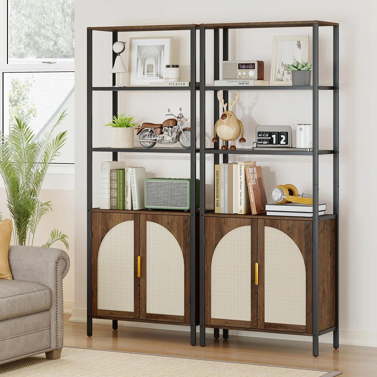 Turosur Rattan Bookshelf with Storage, Boho Bookcase with Wicker Doors, 71" Tall Book Shelf with LED Lights for Living Room, Brown