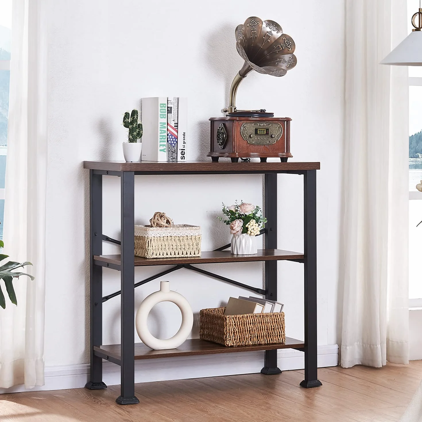 Hombazzar 3 Tier Book Shelf,31.5" Wide Rustic Brown Short Bookshelf | Multipurpose Design for Living Room,Office,Bedroom. Retro Industrial Design,Stability,Adjustable Feet,Easy Assembly