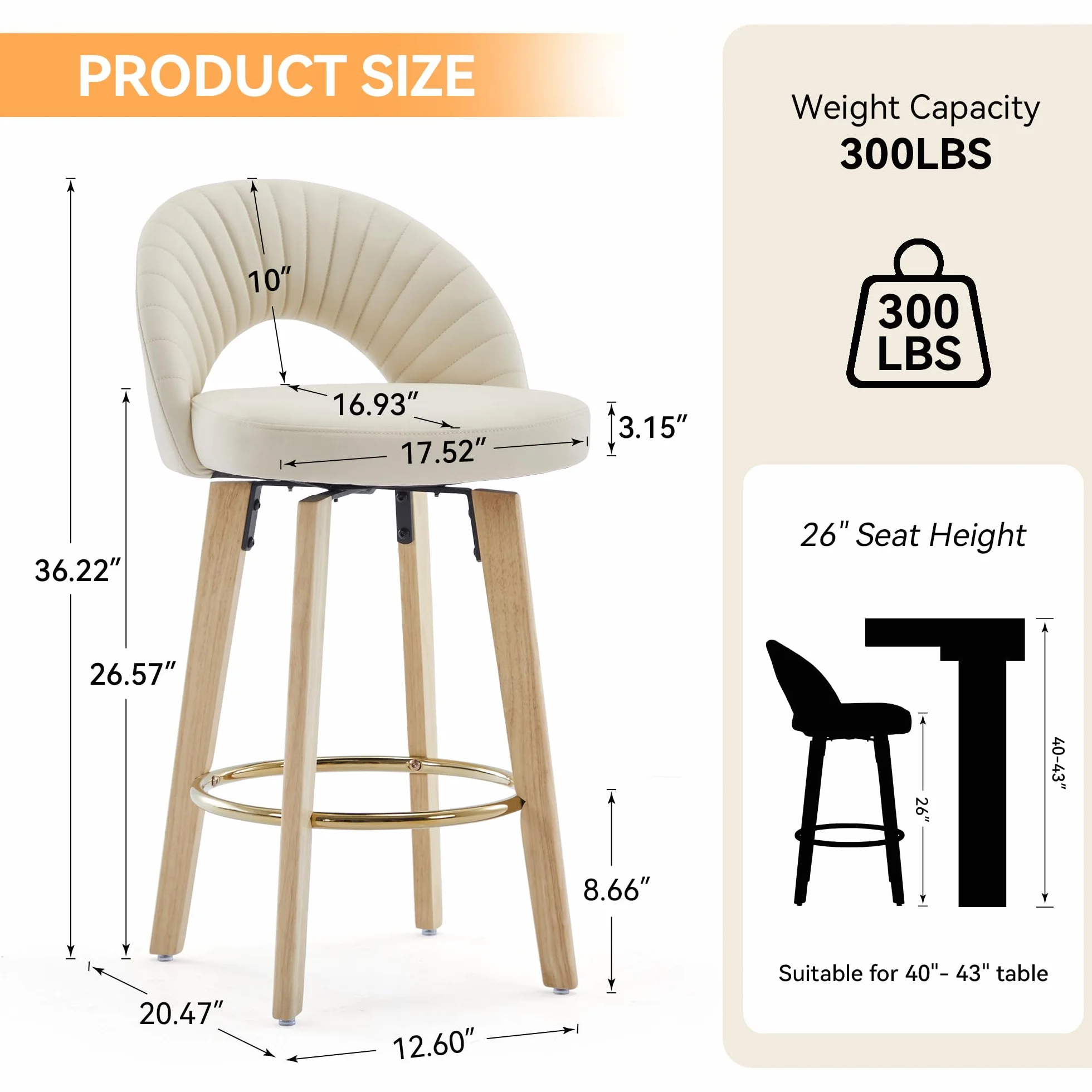 Bar Stools Set of 2, Swivel Counter Height Bar Stools with Bentwood Legs,Metal Footrest,Mid Century Modern Faux Leather Upholstered Counter Stools for Kitchen Island, Bar, Restaurant-Beige
