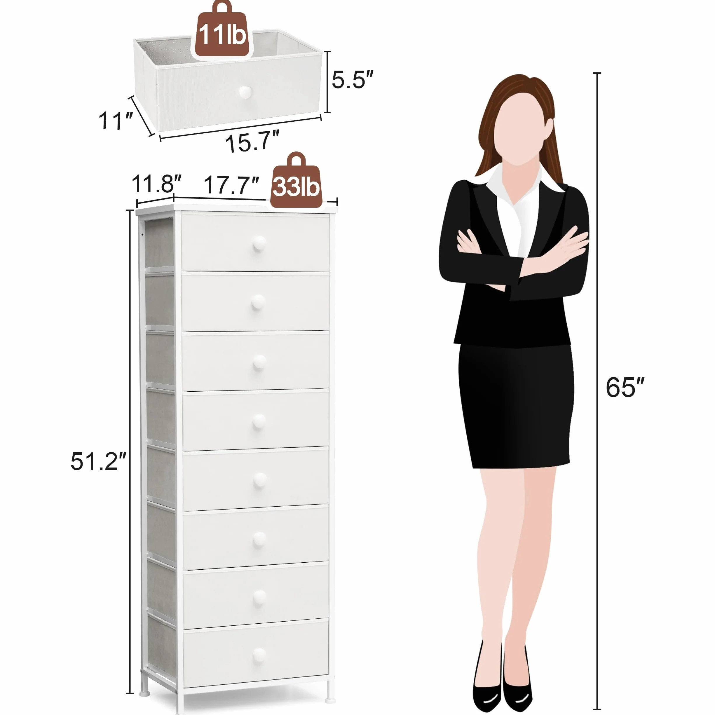 Fabric Dresser for Bedroom, 8 Drawer Tall Vertical Skinny Tower (White) | Wooden Top, Steel Frame, Easy Pull Bin,Organizer Unit for Living Room, Hallway, Entryway, Nursery, Closets