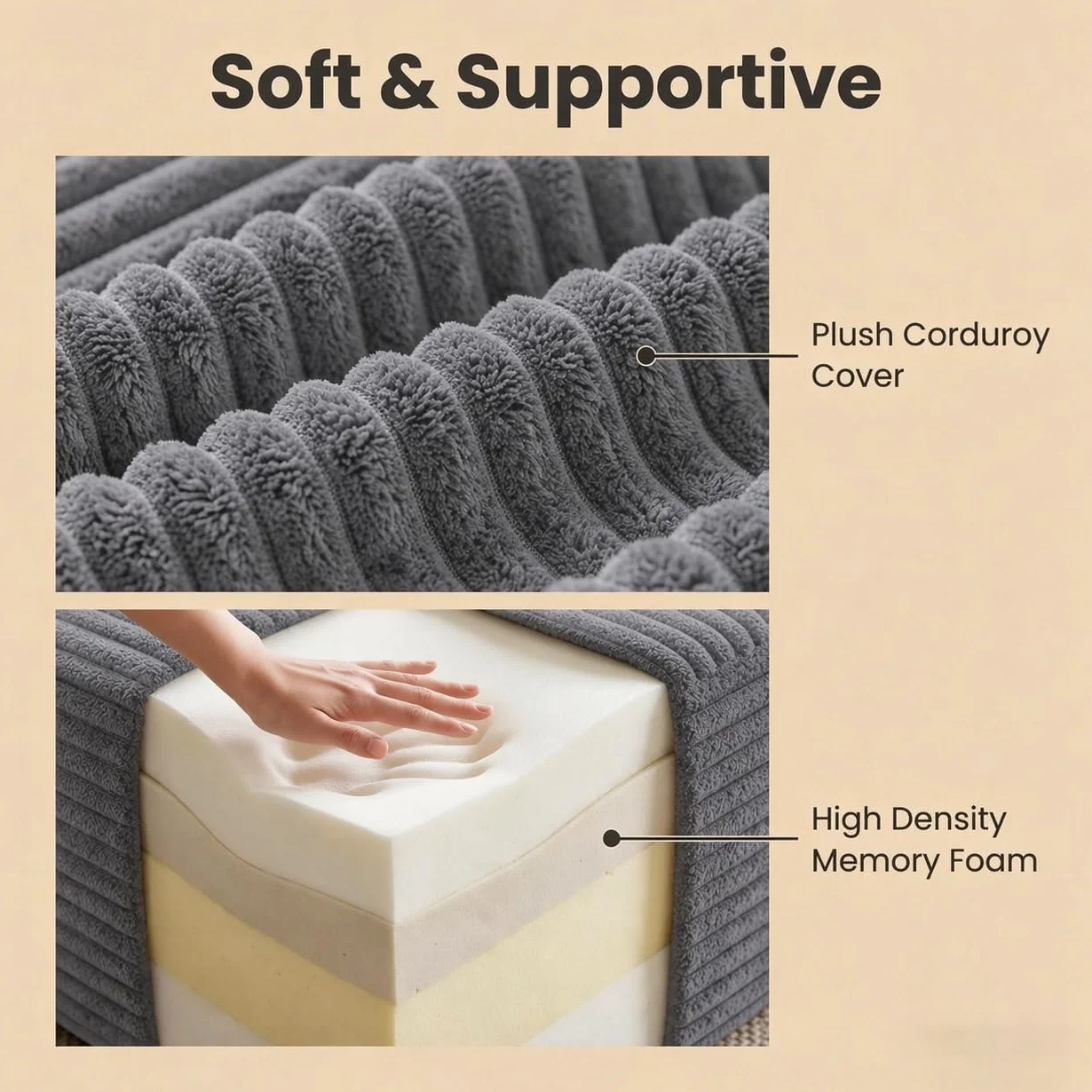 25.6" Corduroy Ottoman for Living Room,Plush Upholstered Ottoman for Couch,Memory Foam Compressed Sofa in A Box No Assembly Require,Dark Grey