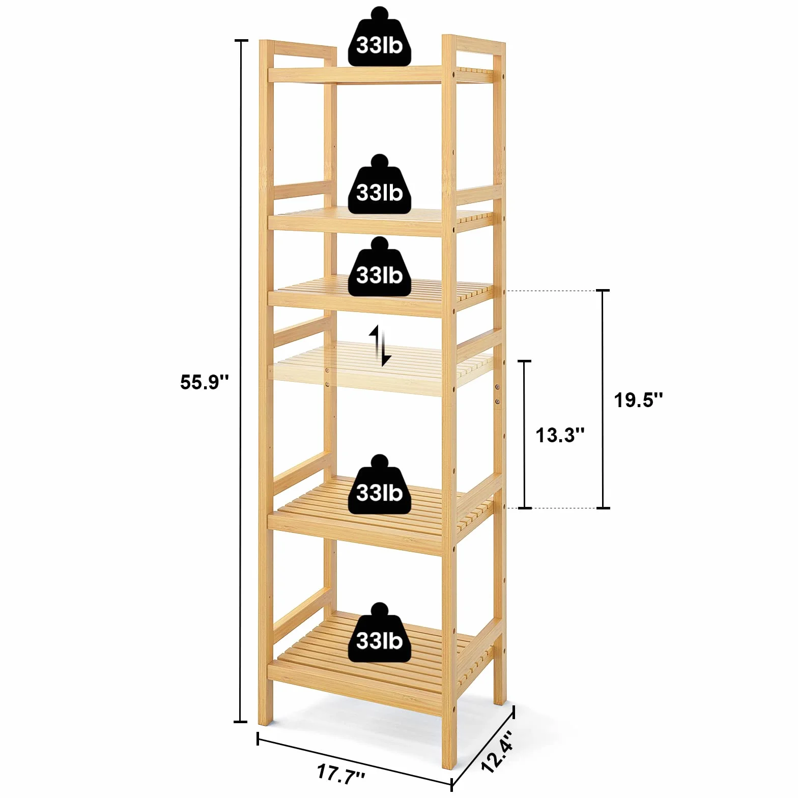 Bamboo Bookshelf, 5-Tier Narrow 55.9” Adjustable Book Shelf Bookcase Bathroom Shelves Freestanding Storage Stand for Living Room, Bedroom, Kitchen, Rust Resistance, Easy Assembly, Natural