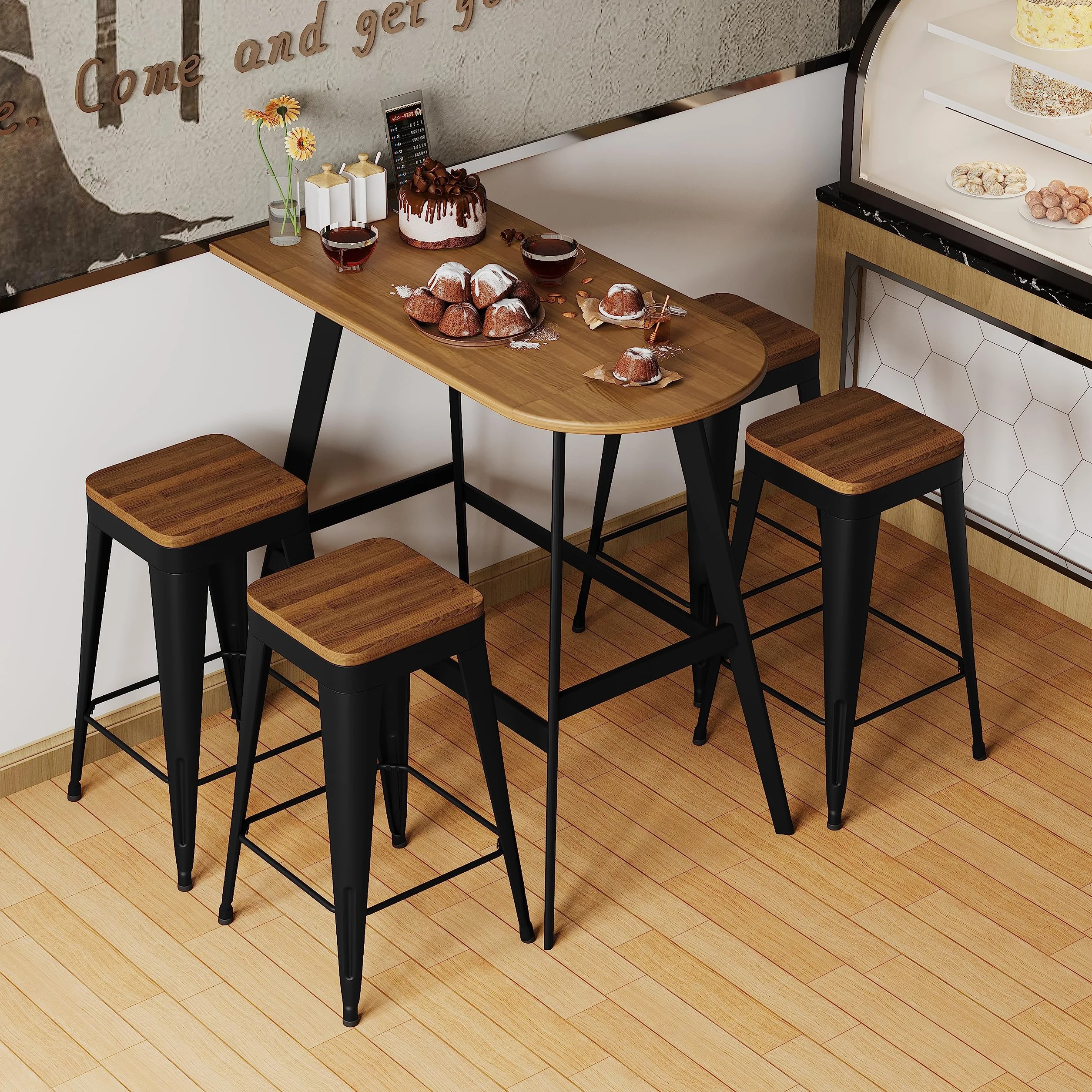 Bar Stools Set of 4 Metal Bar Stool Counter Height Bar Stools Black, Modern 24" Bar Chairs Without Back,Wooden Seat Bar Stool Counter Height
