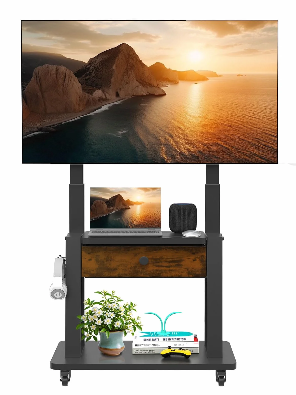 Rolling TV Stand with Fabric Drawer Storage for 32-75 Inch Flat/Curved Screen up to 220lbs LCD/LED/OLED Adjustable Height Mobile TV Cart with Wheels for Home Office Outdoor Max VESA 600x400mm