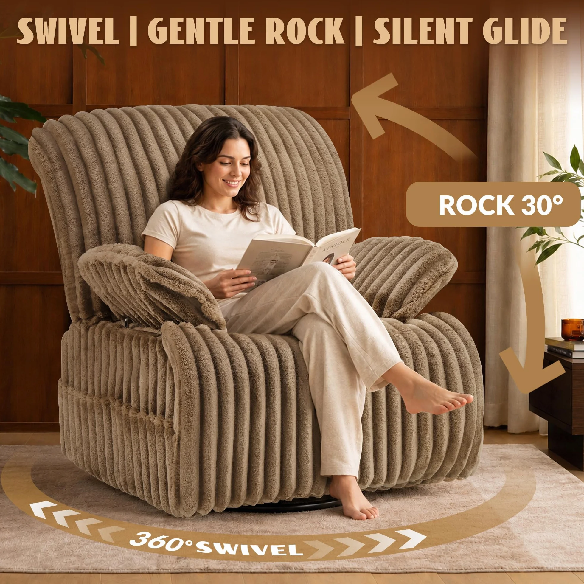 GRAINELL Oversized 40" Swivel Recliner Nursery Rocking Chairs, Khaki | Wide Stripe Fabric Glider Recliner for Adults Living Room Chairs with with Adjustable Armrests & 360° Rotation