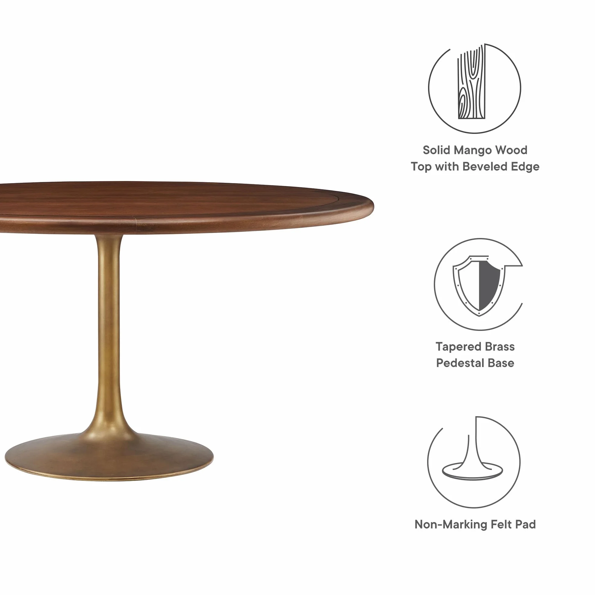 Modway Lippa 60 Inch Round Wood Dining Table with Metal Pedestal in Brass Walnut - Modern Industrial Dining Table for 6 People - Solid Wood Tulip Kitchen Table