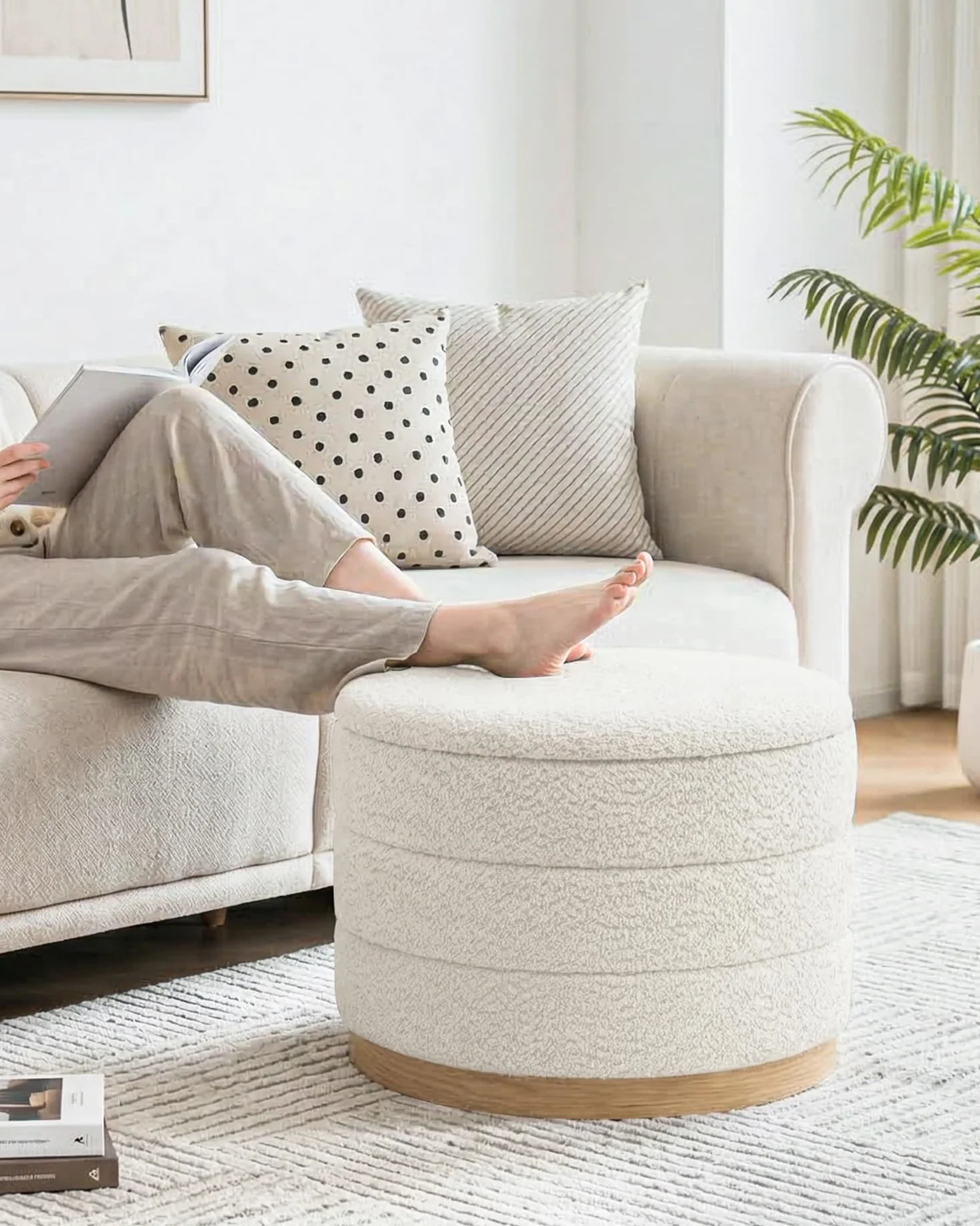 B FSOBEIIALEO Round Storage Ottoman with Tray, Folding Ottoman with Storage Coffee Table Foot Rest for Dorm Room Living Room Chenille Fabric,Wood-Grain Leather Base,White,22.83"x22.83"x17.32"