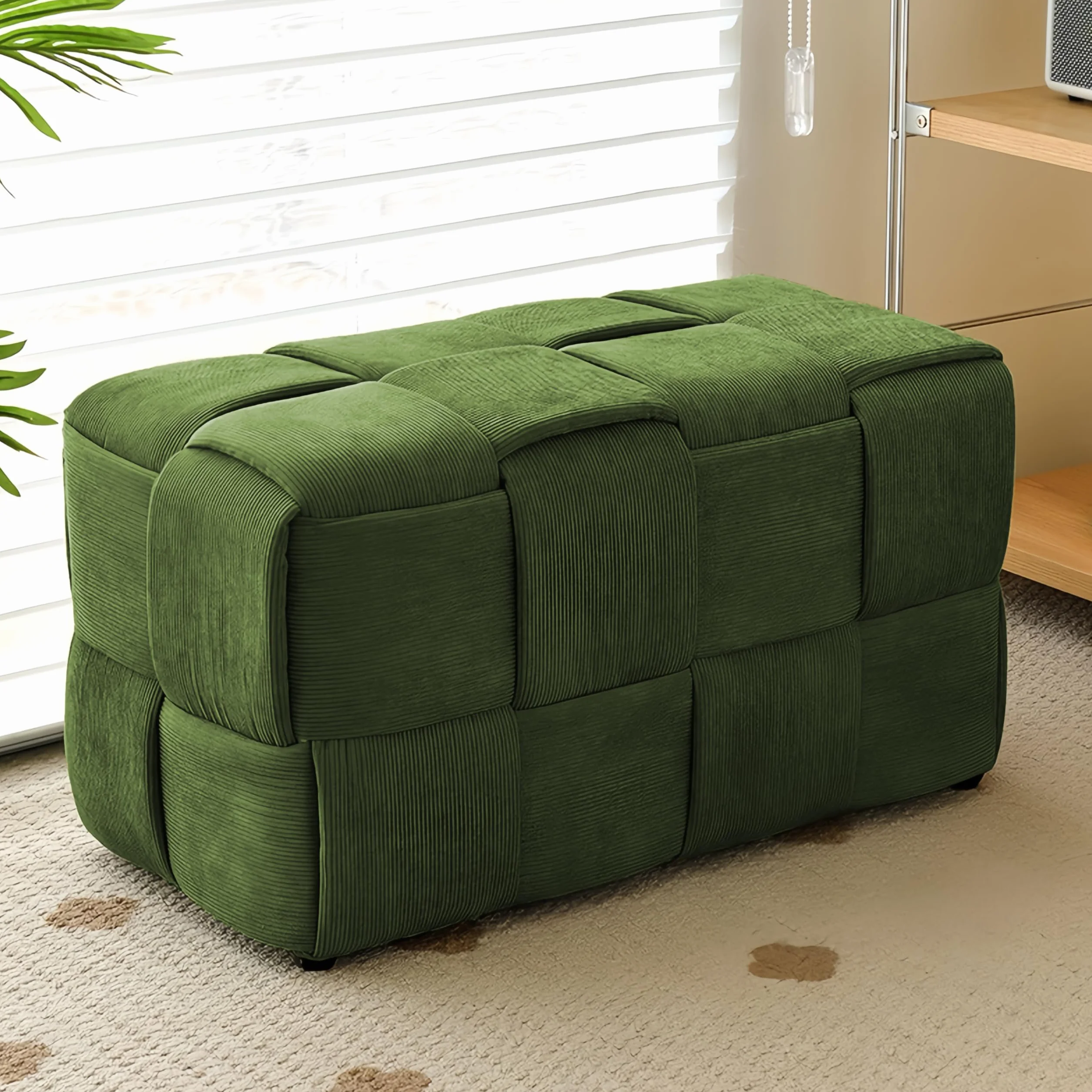 Cmishe 28" Rectangular Woven Corduroy Ottoman Footrest - Large Modern Entryway Bench & Bed End Stool, Sturdy Wood Frame, No Assembly (Green-L)