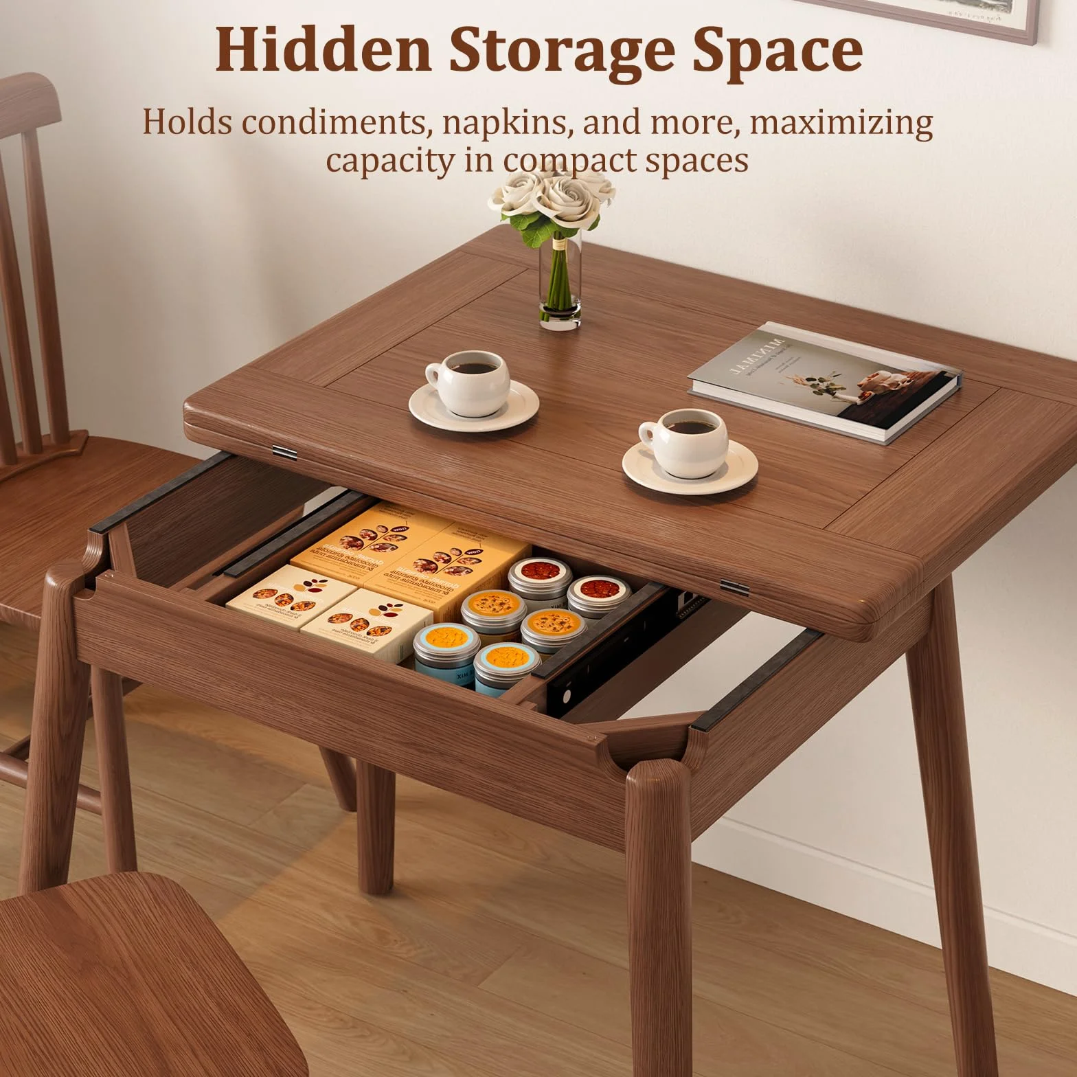 Solid Wood Small Dining Table for 2-6, 23.6"L-47.2"L Expandable Kitchen Table, Designed for Small Spaces, Easy Assembly, Suitable for Kitchen, Dining Room, Living Room, Apartment (Walnut)