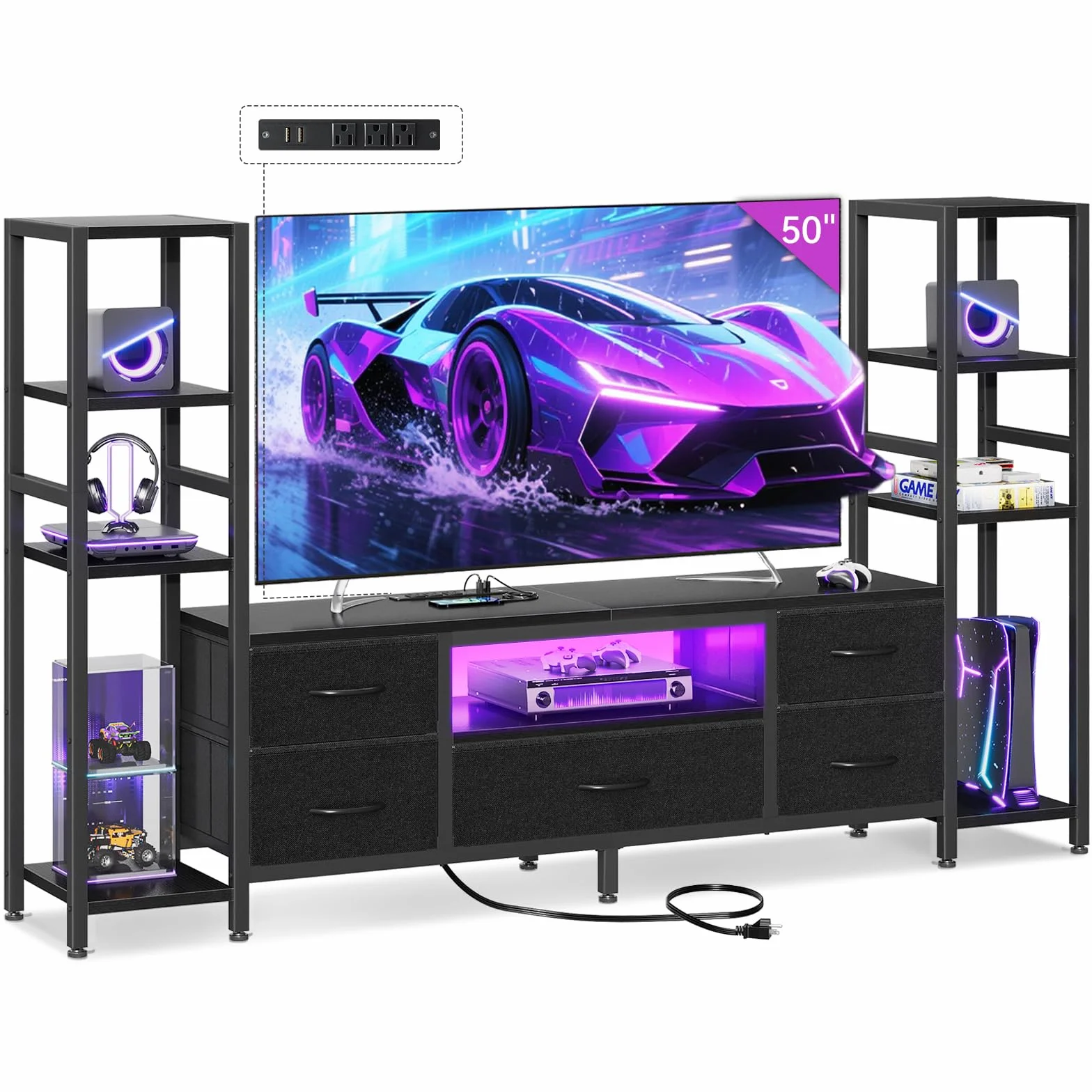 Casaottima TV Stand for 40/50/55 Inch TV, Low-Profile Entertainment Center with LED Lights & Power Outlets, TV Stand with Drawers & Open Shelves for Storage for Small Spaces/Living Room/Gaming, Black