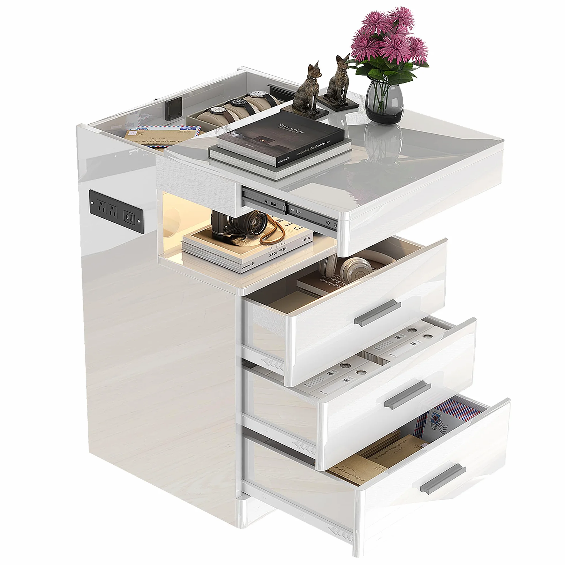 Treocho Led Nightstand with Hidden Space & Charging Station | 3 Drawer Smart Nightstand, Glossy Finish, RGB Lights, Tall Bedside Table for Bedroom, White