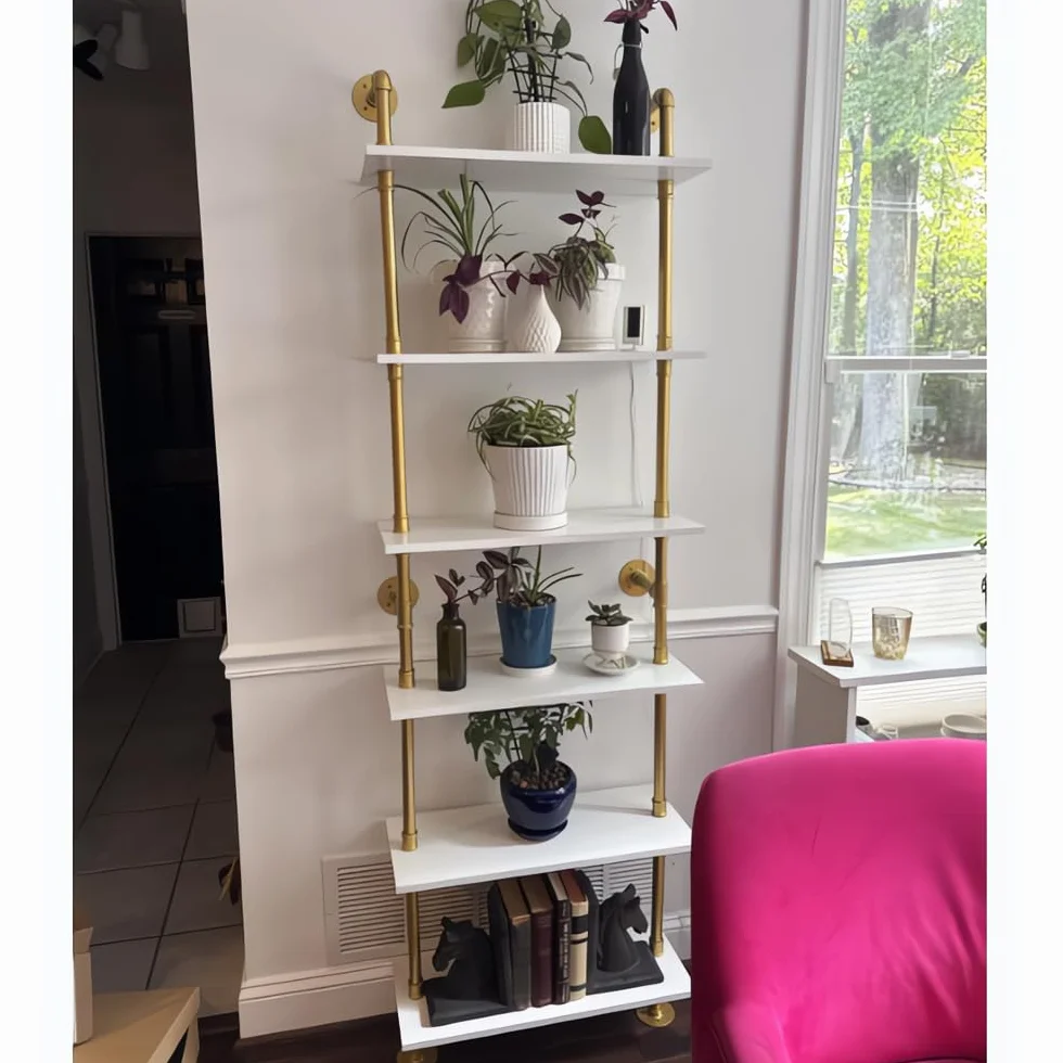Industrial Gold Bookshelf-6 Tier Wall Mounted Ladder Bookshelf, Rustic Gold Storage Book Shelves Display Bookcases for Living Room/Home/Office