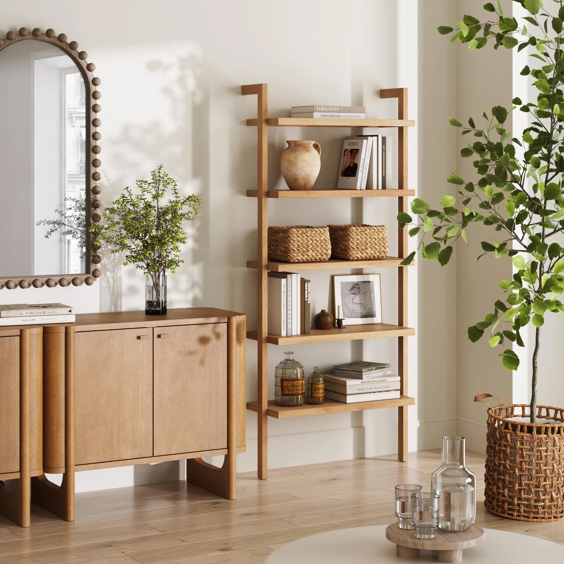 Nathan James Beacon Bohemian 5 Tier Bookshelf, Wall Mounted Bookcase, Solid Wood Bookshelf in Warm Pine