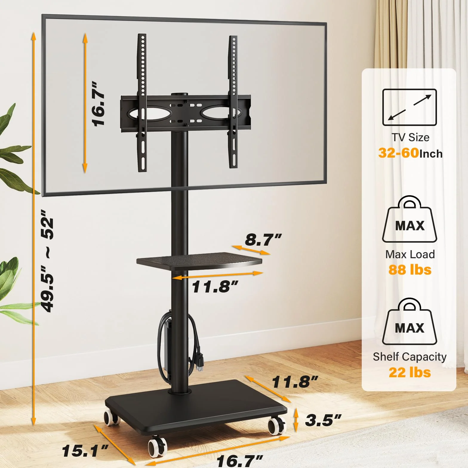 5Rcom Rolling TV Stand with Power Outlet for 32-60 inch TVs | Swivel Height Adjustable TV Cart with Power Outlet & Shelf, Holds 88lbs, Black for Bedroom Living Room Office